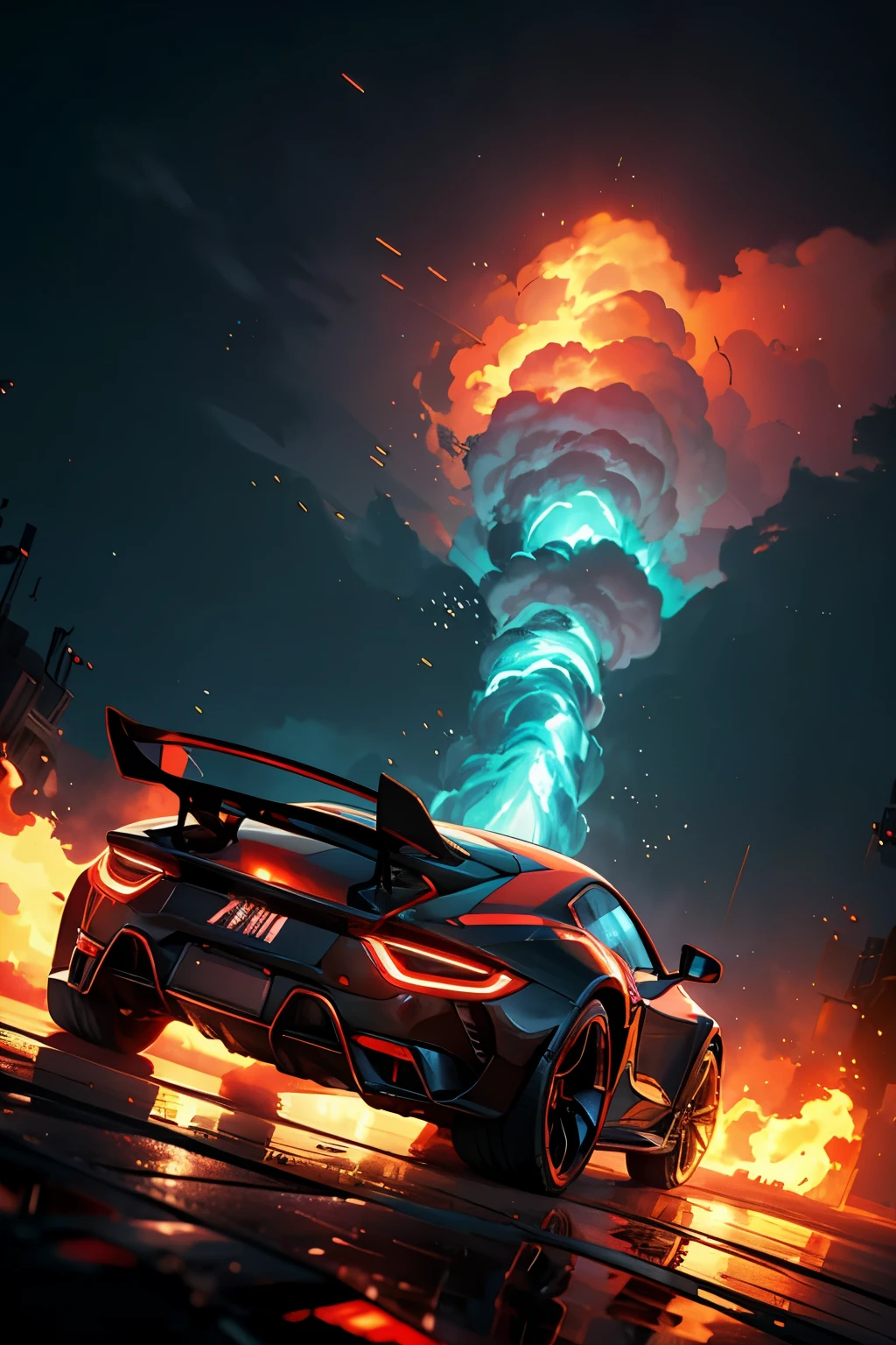 Integrate a supercar back into the scene with the character, whose hair embodies the strong ocean waves and the force of a tornado. The man, with hair as wild and untamed as the sea during a storm, sits confidently behind the wheel of the blazing supercar. The sleek, futuristic body of the car is engulfed in fiery flames, adding an intense element of fire to the composition. The neon-lit city at night serves as the backdrop, its vibrant colors reflecting off the car's surface and enhancing the dynamic energy of the scene.
The reflections on the car's surface not only show the blazing fire but also capture the ne