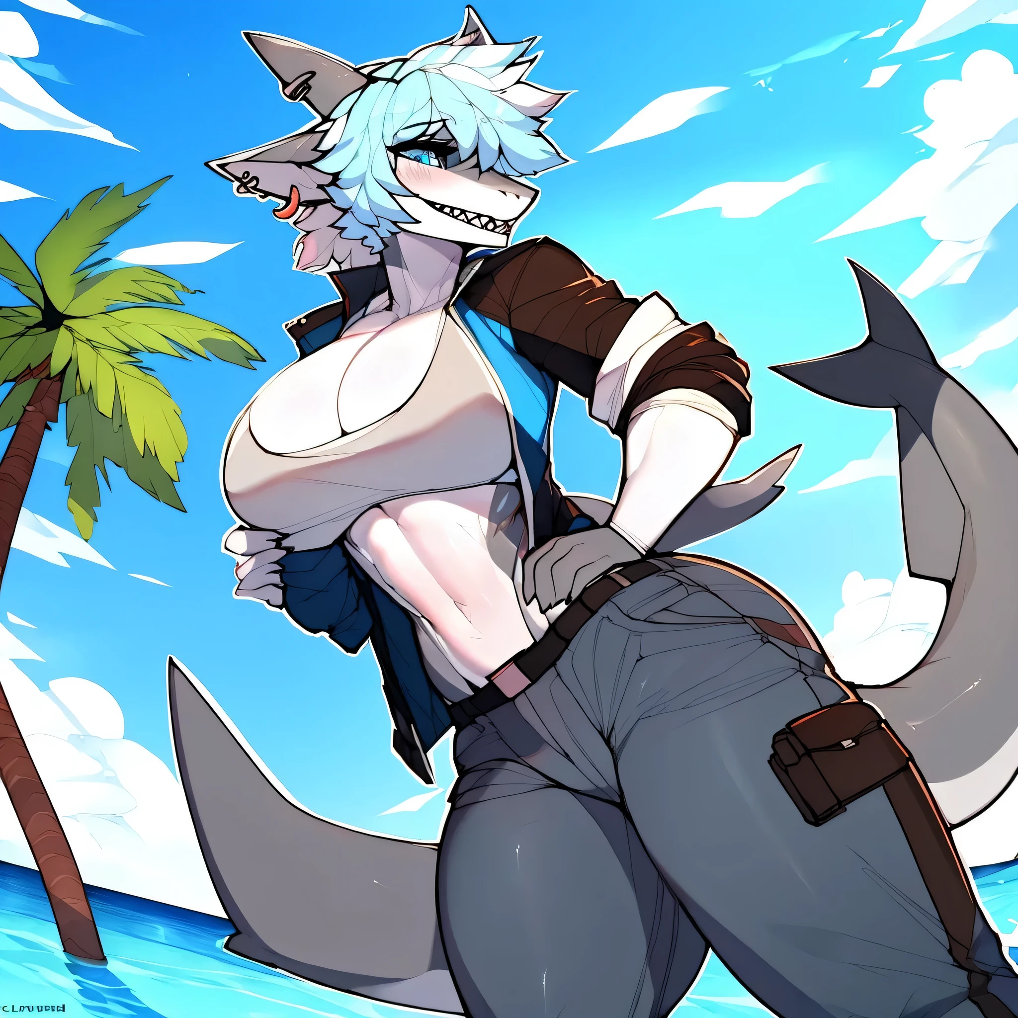 anthro, shark, marine, blue-grey skin, white belly, white jaw, light blue hair, light blue eyes, shark tail, tail piercing, clothed, curvy figure:0.8, ear piercing, female, athletic, two tone hair, laughing, shark teeth, solo, blue jacket, grey pants, (shirt), city background, high quality, masterpiece, palm tree, snout, shark snout, tomboy, (by claweddrip)