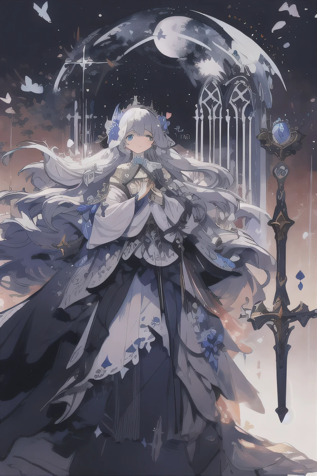 ((masterpiece)), (best quality), (alone), high resolution, Extremely detailed CG wallpaper, extremely detailed pictures, Astonishing, (heavy clouds and huge blue moon) , a beautiful girl with long hair, skirt, (Blue glowing flowers on the grass), ((church)) and (medieval tombstone), ((cute face)), Detailed face, Detailed blue eyes, detail light, ((sense of sacredness)), ((Holding a silver sword)), ((wing)), broken feeling, depth of field, fine details, (Light rain), view, (sacred feeling)