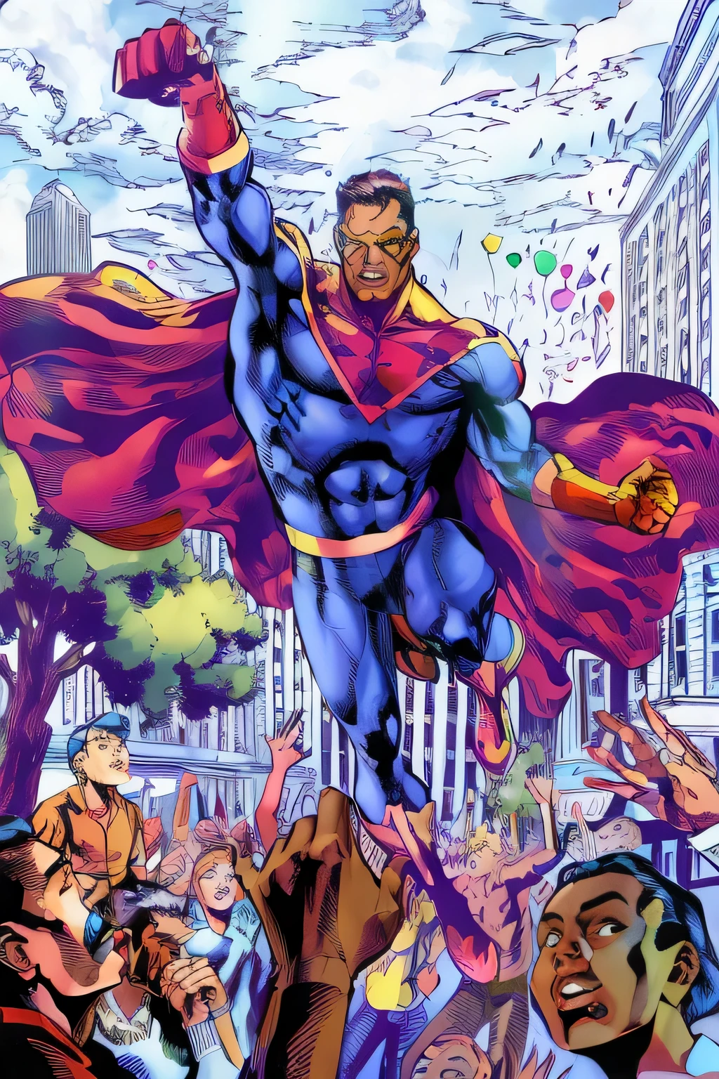 um close da capa de uma revista em quadrinhos com um homem voando pelo ar, inspirado emcores, colorful illustration, ethan van sciver,Certamente! Here is a quick command in English to keep the original comic art and perform only professional digital coloring using Photoshop:
Maintain the integrity of the original comic art while performing professional digital coloring using Adobe Photoshop.
**Instructions:**
1. Importe a arte original dos quadrinhos para o Adobe Photoshop.
2. Use layers to keep the line art intact and separate from the coloring process.
3. Aplique sombreamento apropriado, Destaques, e texturas para melhorar o apelo visual.
4. Ensure consistency in color palette and style throughout the comic.
5. Refine details and adjust color balance as needed to achieve the effects you want.
6. Save the final artwork in a suitable file format for later distribution or editing.
**Notas:**
- Preserve the essence of the original artwork, paying attention to detail and maintaining style consistency.
- Try various Photoshop tools and techniques to improve the overall quality of your digital coloring.
- Mantenha um backup do arquivo de arte de linha original para reverter, if necessary, during the coloring process.
- Take inspiration from professional comic artists and reference existing digital comics for ideas and techniques.
Feel free to customize and expand these instructions based on your specific preferences and workflow..