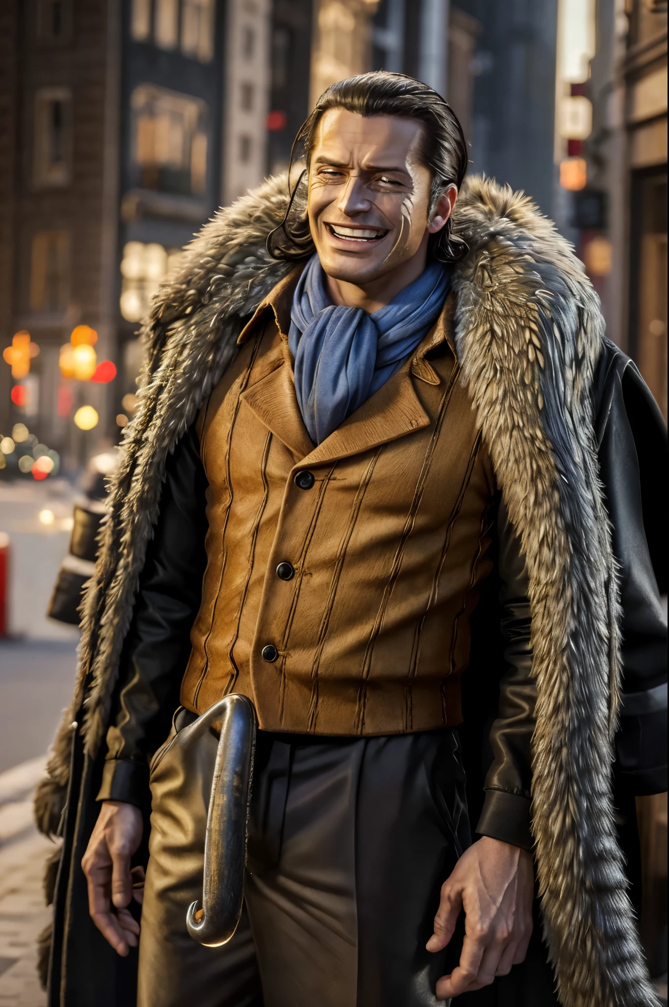 masterpiece, best quality, extremely detailed, hyperrealistic, photorealistic, a cool 40s man, ultra detailed face:1.2, fur-trimmed coat, scarf around the neck, his left hand is a golden pirate hook:1.1, laughing, city:1.1, ciger
