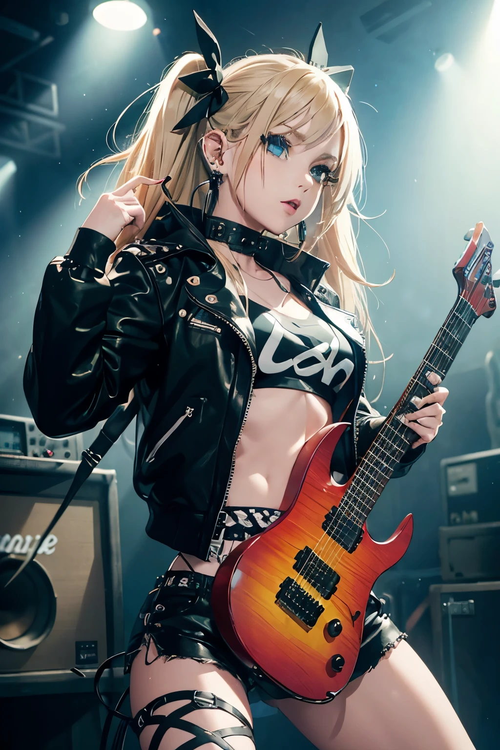 realistic:1.2, Rocker girl wearing a leather jacket,slim body shape、Normal bust size、 highly realistic photograph,  full body shot, １two electric guitars, clothes with spikes,white tank top、Navel exposed、low rise leather shorts,tattoo,earrings dark lipstick, blue eyes,blonde twintail hair,black ribbon, beautiful and perfect legs, confident look, punk style ,dynamic pose, dynamic lighting, brightly colored stage,colorful stage lights, ant alexa 65, 50MM lens