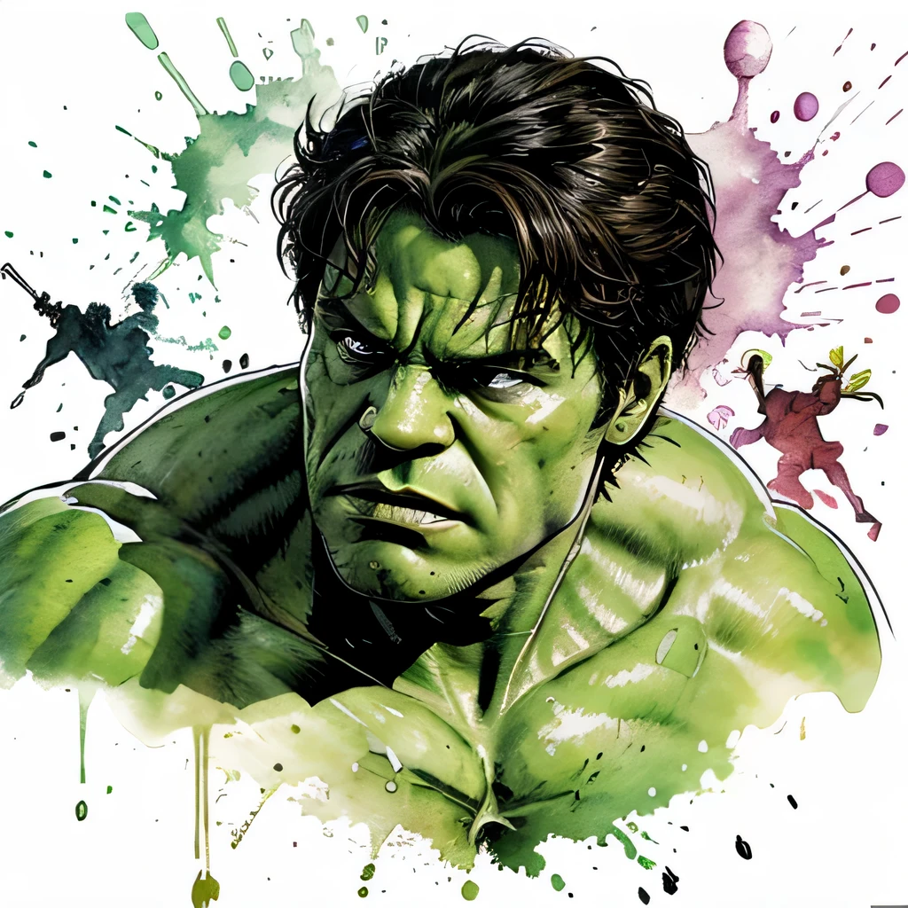 Dessine moi le personnage avengers hulk en style aquarelle 
