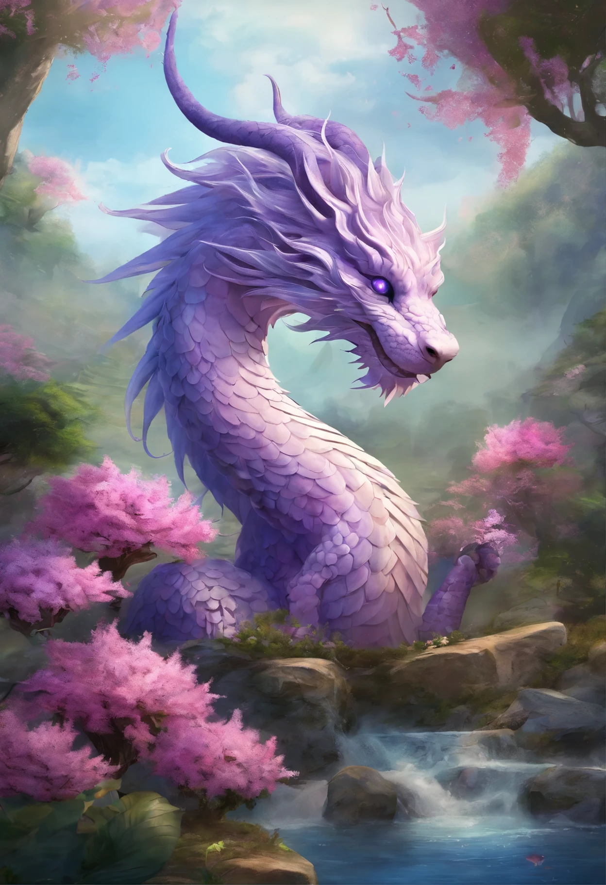 "Very nice 3d rendering of a lilac Chinese dragon，The background is a spring flower garden、Grasping a crystal ball with its front paws、Dynamic performance, Vibrant effects and details，best image quality，High resolution，lots of colors,　