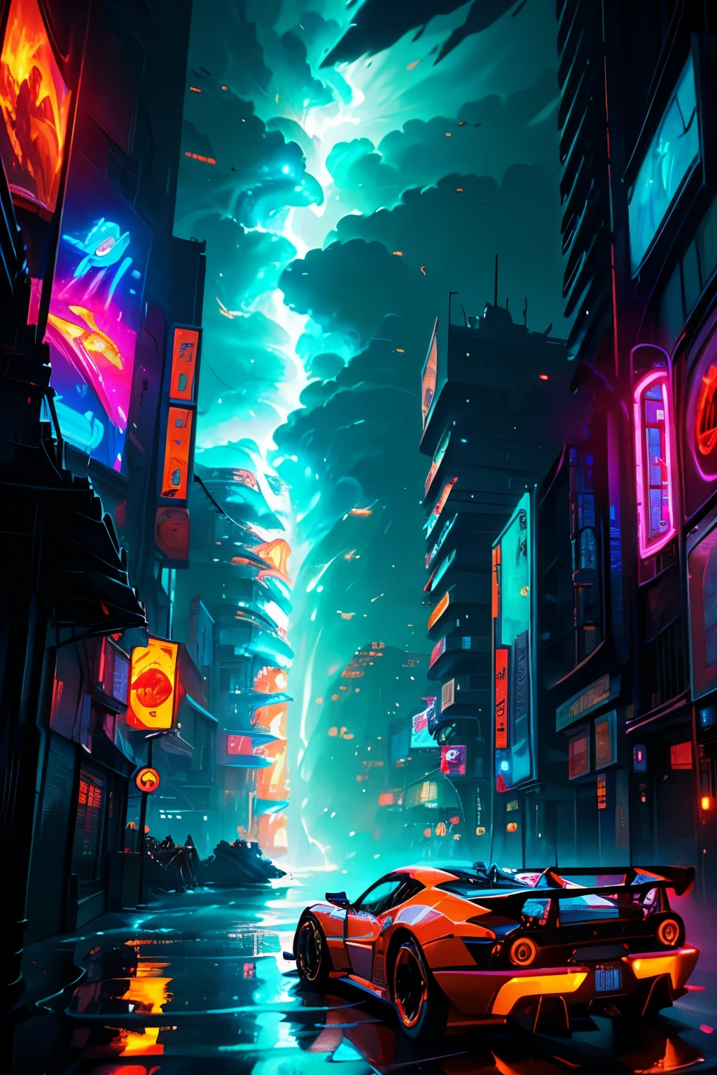 (Masterpiece, Anime art style, supercar integration, supercar on fire, neon-lit city, strong ocean waves hair, tornado force, dynamic action, Extreme emotions, Creativity),
(High Quality, Supercar backdrop, Integration with character, Flames engulfed, Intense fire element, Neon cityscape, Reflections on car's surface, Blazing fire and neon lights, Ocean waves hair, Tornado force),
(Anime Masterpiece, Supercar in flames, Racing through neon city, Hair embodies ocean waves and tornado, Sleek futuristic body, Reflections capture neon lights and hair patterns, Boundary-push
