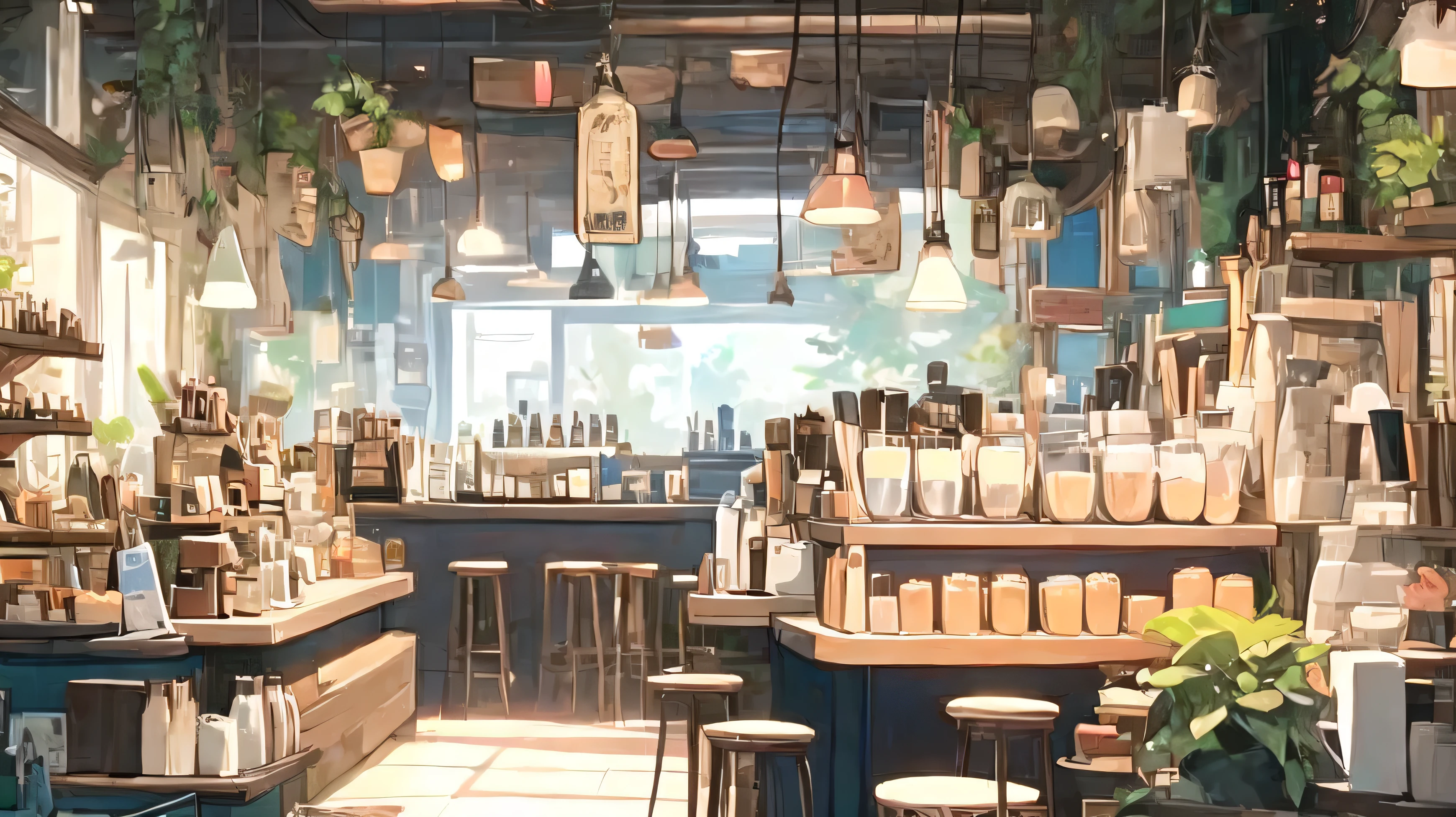 a painting of a bar with a lot of bottles and stools, cozy cafe background, anime background art, coffee shop, background art, cafe, illustrated starbucks interior, anime scenery concept art, anime background, cafe interior, immensely detailed scene, ghibli studio style, studio ghibli aesthetic, colorful anime movie background, background artwork, fantasy tavern background, mysterious coffee shop girl, ghibli