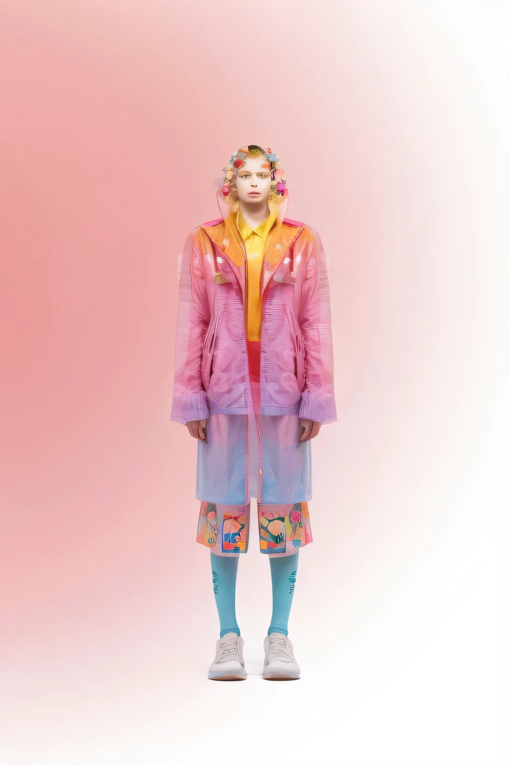(The man), Photo of a man in a colorful, The man is wearing a yellow collared shirt, a light pink see-through jacket:1.2, orange pants with a flower print, blue high socks and white sandals, behind a pink and white gradient background, ((realistic)), best photo:1.456, ((ultra quality)), 8K, photo raw, beautiful face, shadow:2