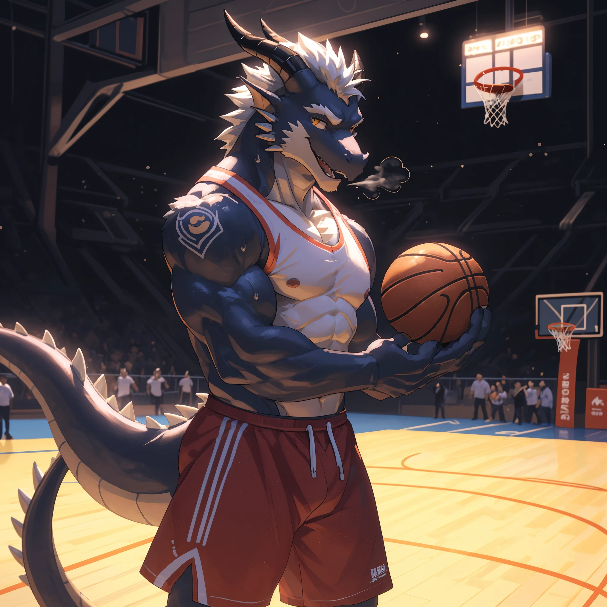 Publaz, (black i dragon), black fur, Two colors, golden eyes, (muscle发达的身体:1.3), perfect eyes, Handsome, OK,(white basketball jersey), (on the playground),(Express), sports field background,(close up),(happy eyes:1.2),look at screen,(dragon horn),(Dragon tail),different students,perfect masterpiece,(16K),white belly,alone,((Strong)),(sports field background),(Sweat),(dick:1.2),Perfect proportion,front,blush,(wave hello，looking at you:1.5),(Basketball in hand:1.3),(Open your mouth slightly and breathe.:1.2),(close range:1.2),(clothes soaked with Sweat:1,3),Strong,muscle,more details,CG,