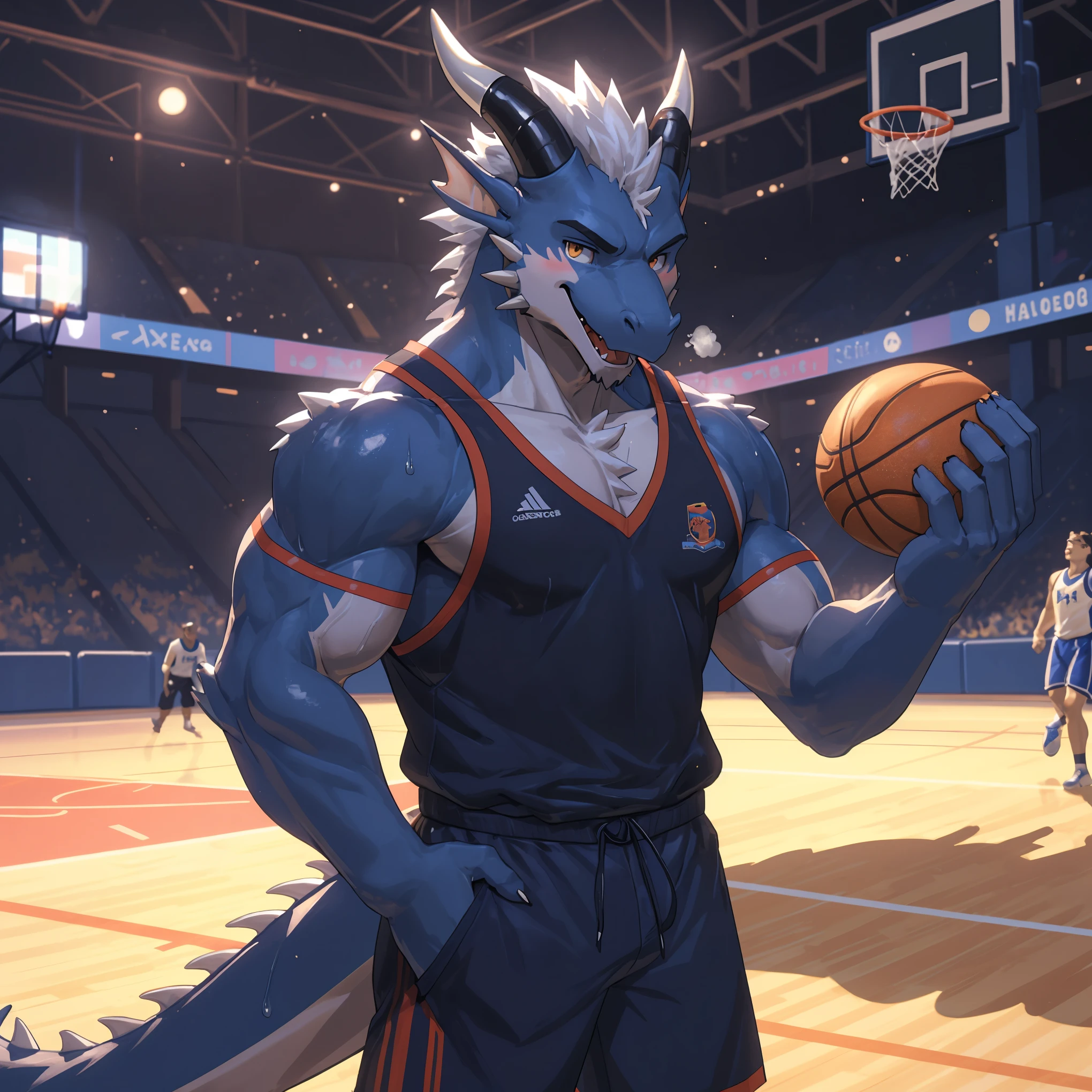 Publaz, (black i dragon), black fur, Two colors, golden eyes, (muscle发达的身体:1.3), perfect eyes, Handsome, OK,(white basketball jersey), (on the playground),(Express), sports field background,(close up),(happy eyes:1.2),look at screen,(dragon horn),(Dragon tail),different students,perfect masterpiece,(16K),white belly,alone,((Strong)),(sports field background),(Sweat),(dick:1.2),Perfect proportion,front,blush,(wave hello,looking at you:1.5),(Basketball in hand:1.3),(Open your mouth slightly and breathe.:1.2),(close range:1.2),(clothes soaked with Sweat:1,3),Strong,muscle,more details,CG,