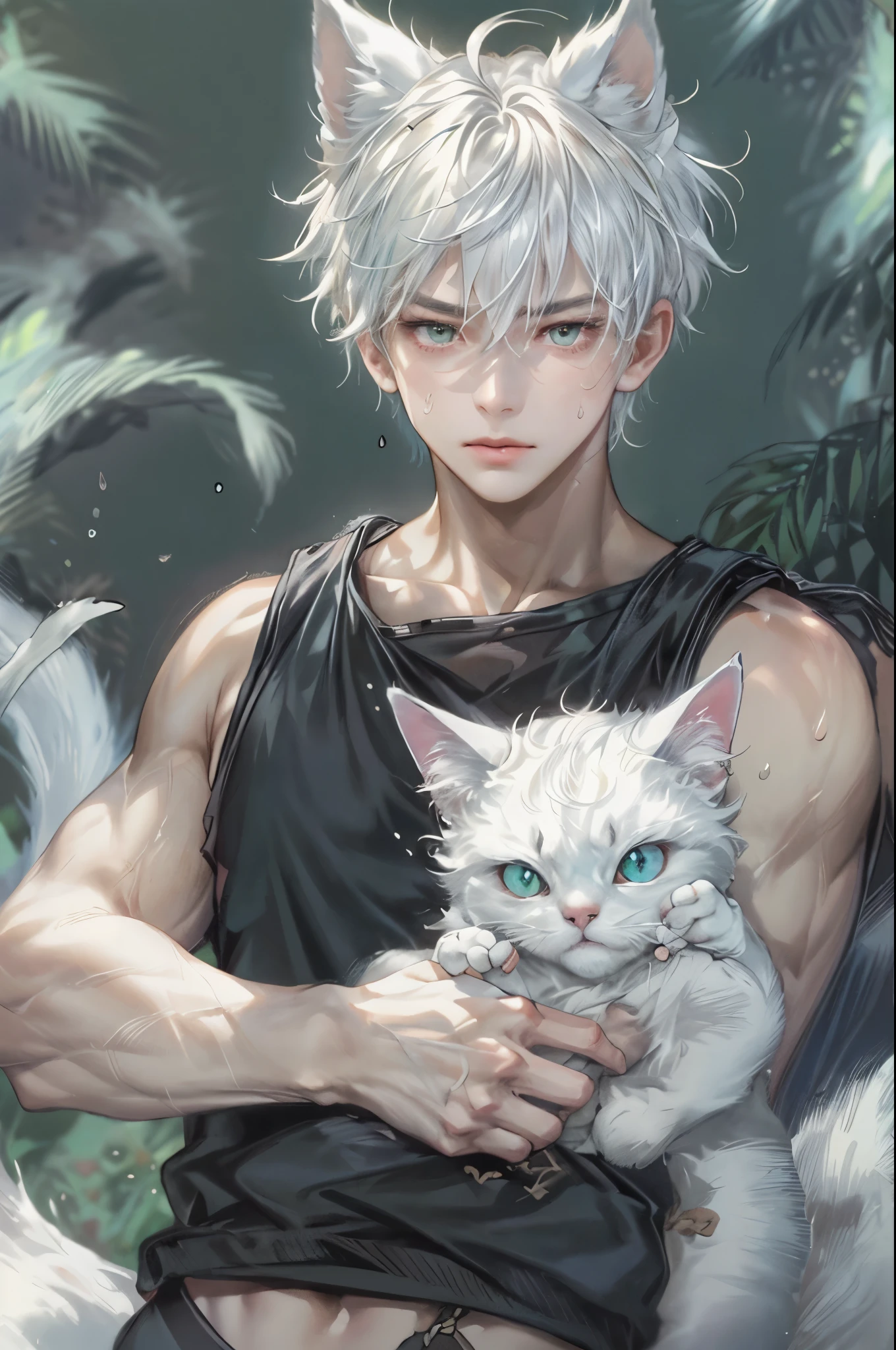 masterpiece, best quality, ultra-detailed, illustration, 1boy, solo, male focus, looking at viewer, upper body, depth of field, tank top, cat ear, ripped abs, sweating, razor (genshin impact), white hair