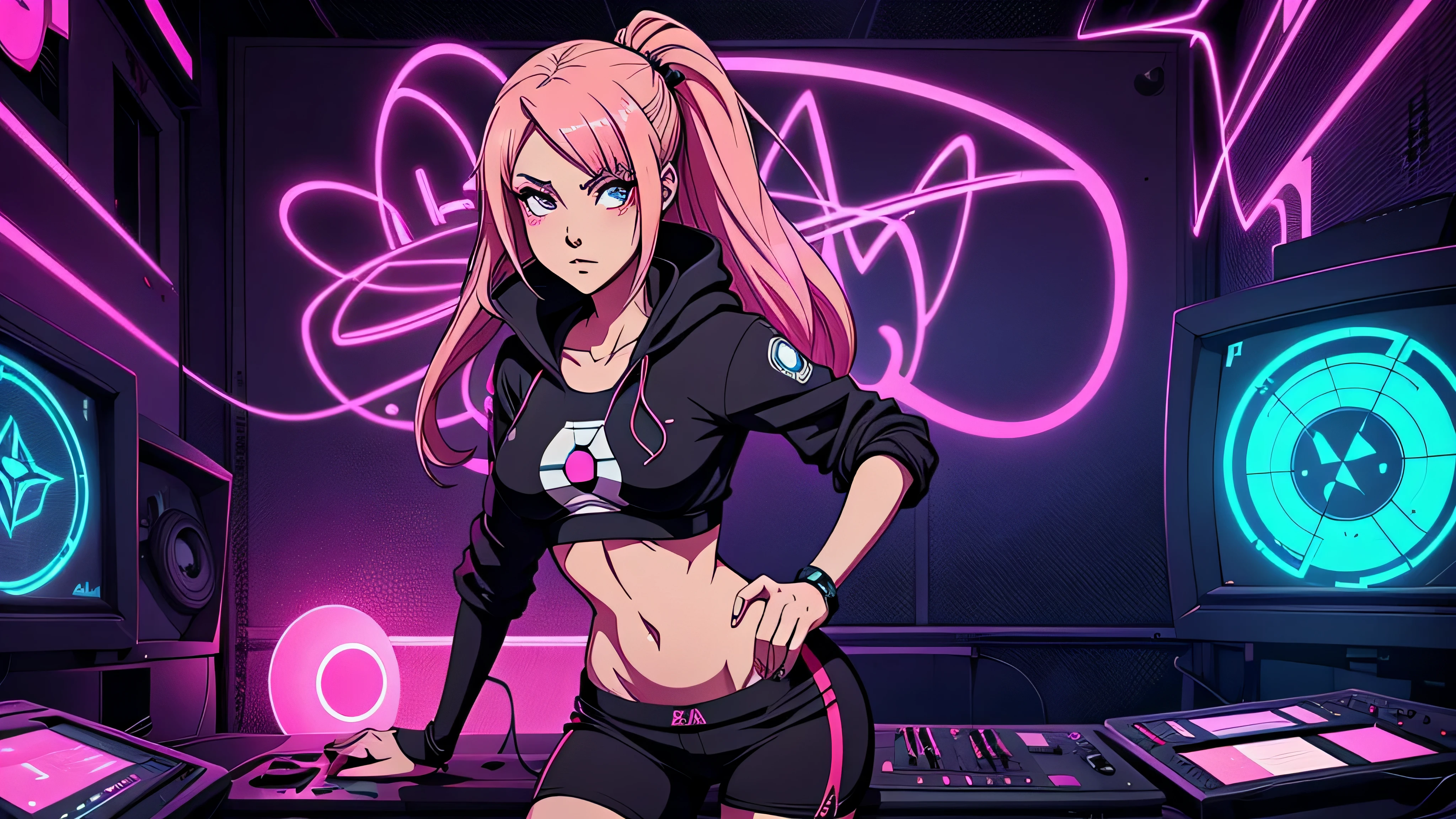 garota de anime, corpo inteiro, bumbum, roupas de couro, rock, metal Capa do álbum Anime Phonk Brain Sick, musica, ondas sonoras, com cores rosa e preto neon