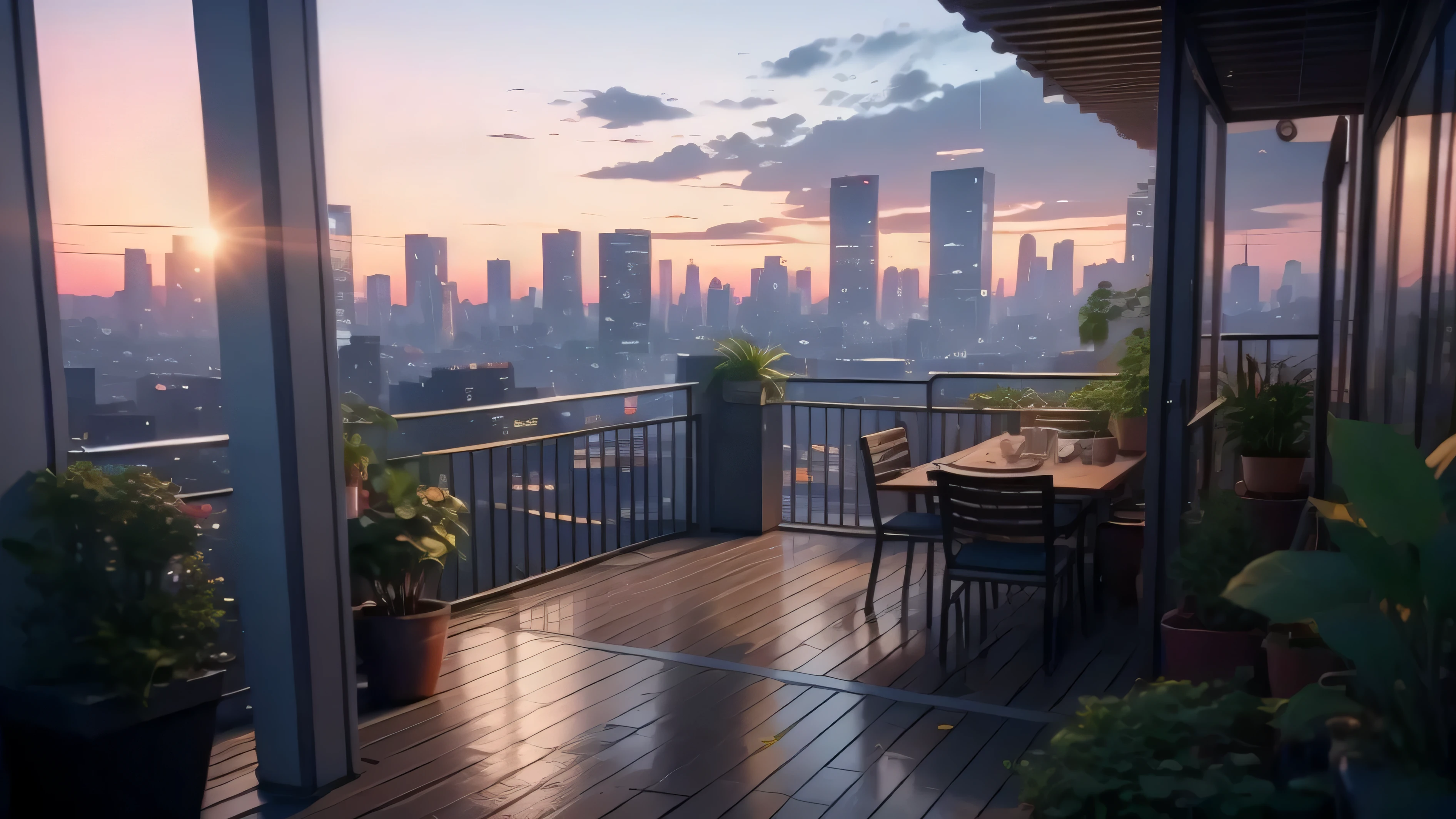 there is a balcony with potted plants and a view of the city, set in tokyo rooftop, cinematic establishing shot, realistic establishing shot, unreal engine ; romantic theme, ps5 cinematic screen capture, global illumination. vfx, city rooftop, beeple global illumination, atmospheric establishing shot, detailed cinematic render, octane render. by makoto shinkai, photorealistic cinematic render,raining
