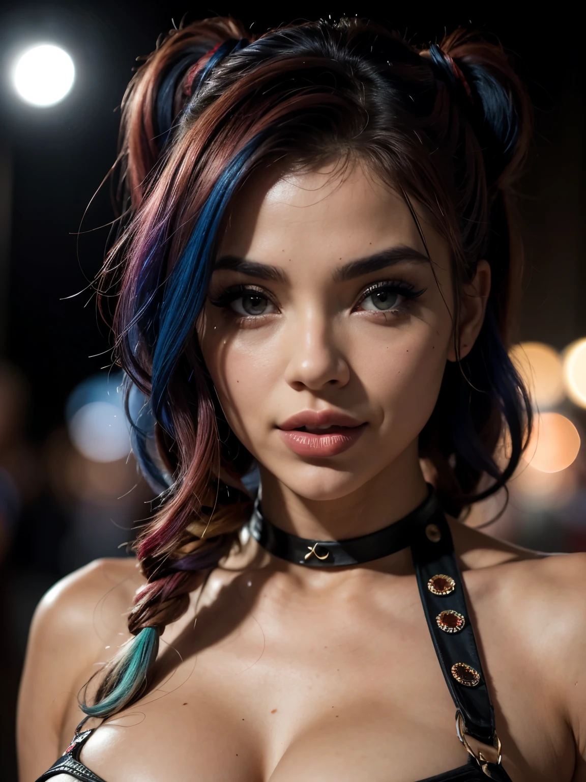 (best quality,4k,8k,alto,master part:1.2),ultra-detalhado,(Realistic,fotorrealista,photo-realistic:1.37),Arlequina, Arlequina, cabelo loiro, cabelo loiro com mechas cor rosa e cor azul ao estilo harley Quinn, cabelo loiro de cor rosa a esquerda e cabelo azul a direita, cor de pele branca, maquiagem forte, maquiagem da Harley Quinn, foto de corpo inteiro, HDR,UHD,studio lighting,Tonalidade ultrafina,sharp focus,Physically-based rendering,extreme detail description,profissional,vivid colors,Bokeh,retrato,Landscape,horror,anime,scientific fiction,fotografia,artistas conceituais,raparigas,belos olhos detalhados,beautiful detailed lips,olhos e rosto extremamente detalhados,long eyelashes,Arlequina,♦️,muitos detalhes ao fundo,Arte deslumbrante,arte detalhada,ao estilo de Sakimi Chan