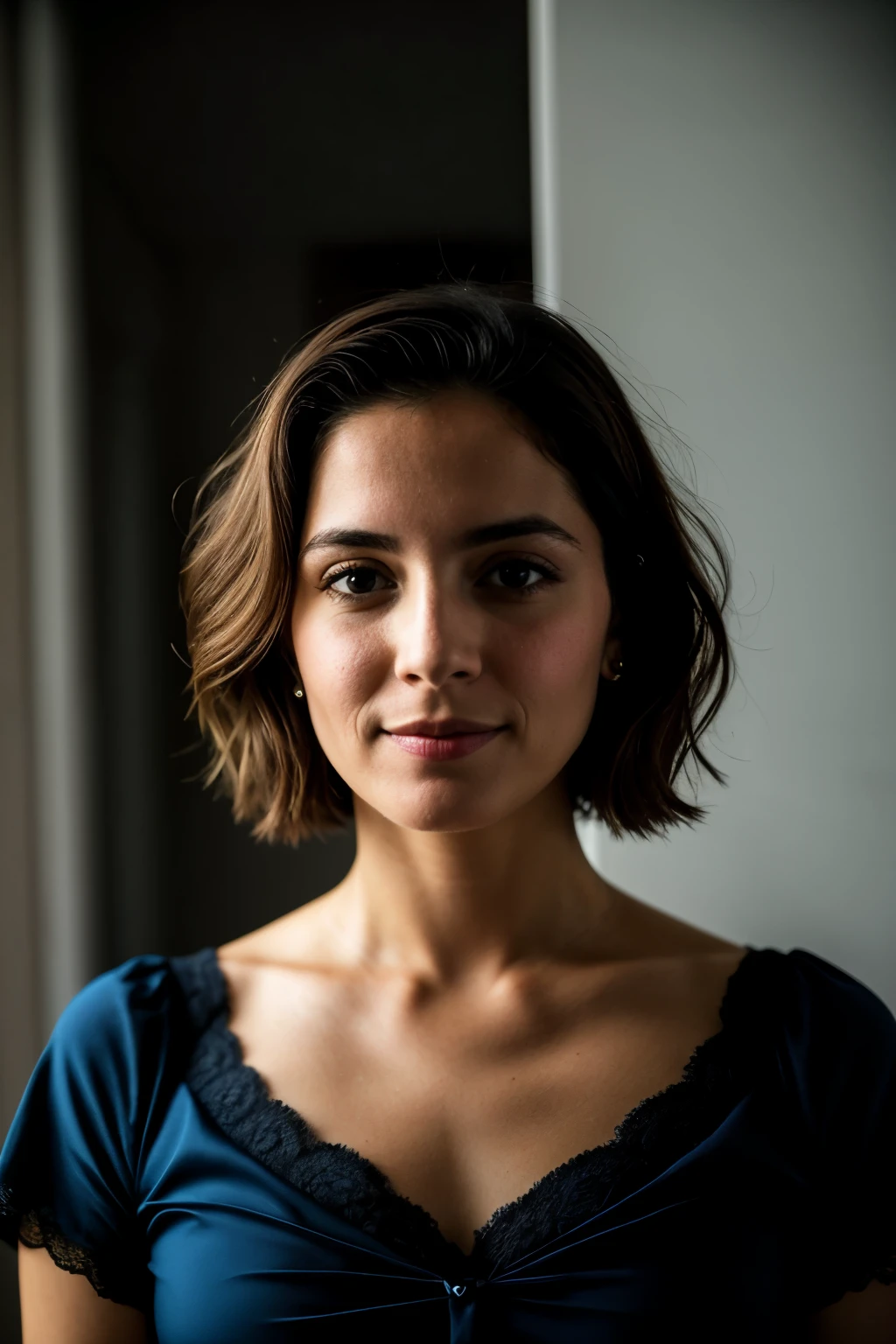 Foto CRU, foto de retrato de rosto de linda de 26 anos.oh woman, rosto fofo, usando vestido preto, cara feliz, sombras duras, cinematic shot, dramatic lighting