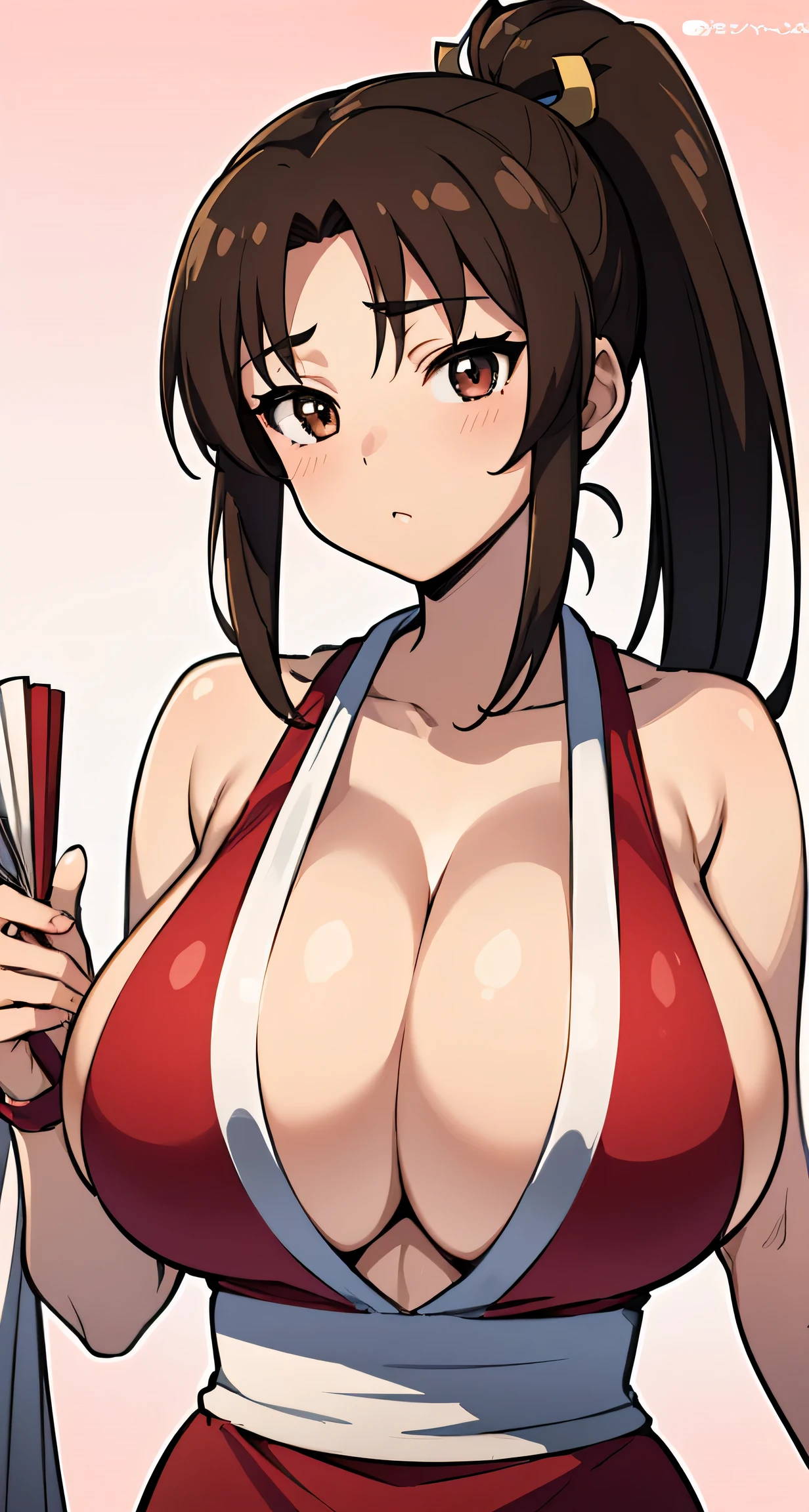 (1 linda garota, Cabelo castanho,  18s, seios enormes,estilo anime, desenho animado) ,desenho animado of a woman in a red dress holding a fan, Mai Shiranui, Oppai, yoko matsugane as Mai Shiranui, she is holding a fan, garota anime sedutora