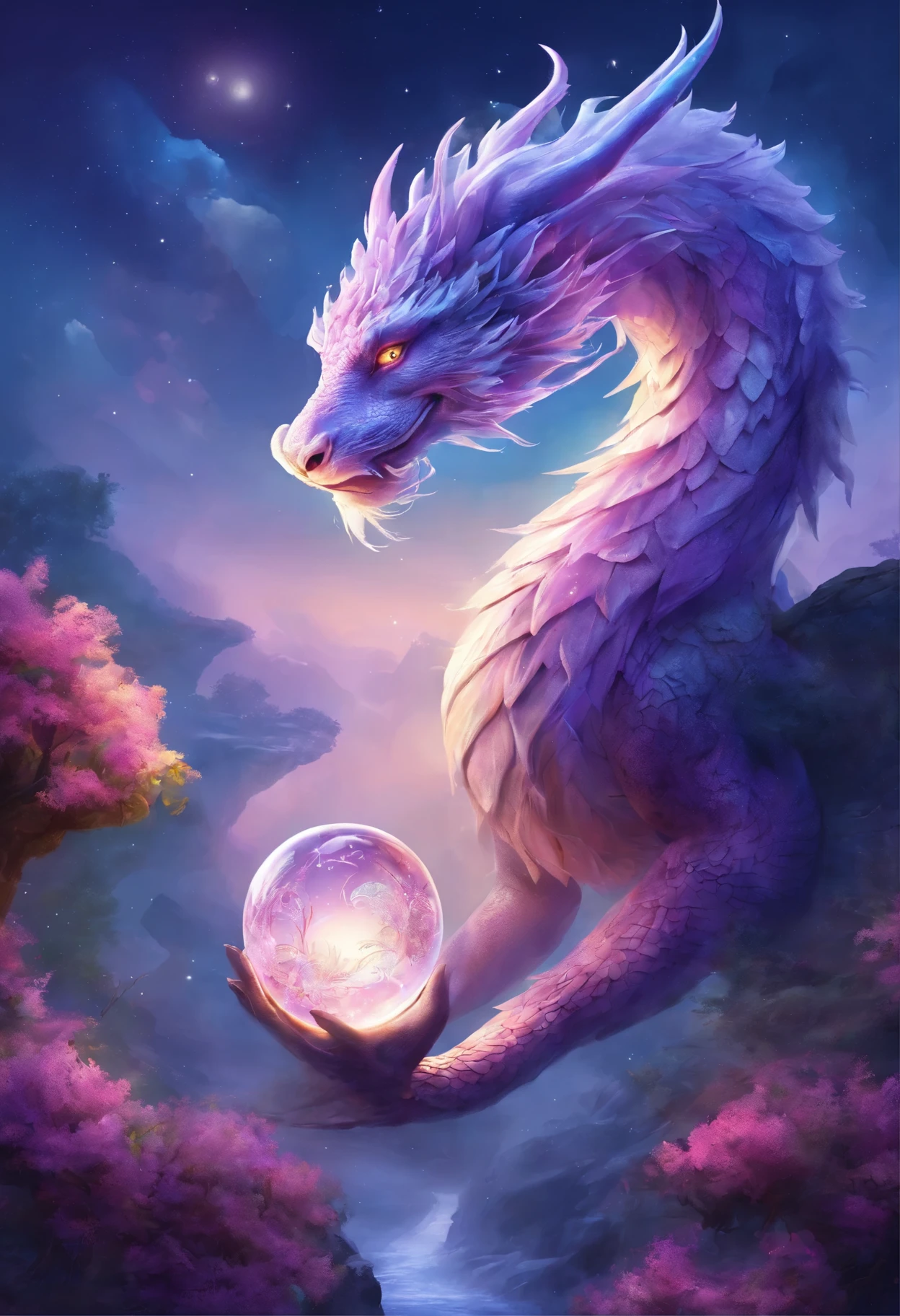 "Very nice 3d rendering of a lilac Chinese dragon,The dragon's face is kind、The background is a light blue flower garden、The dragon is holding a crystal ball with its paws、Dynamic performance, Vibrant effects and details,best image quality,High resolution,