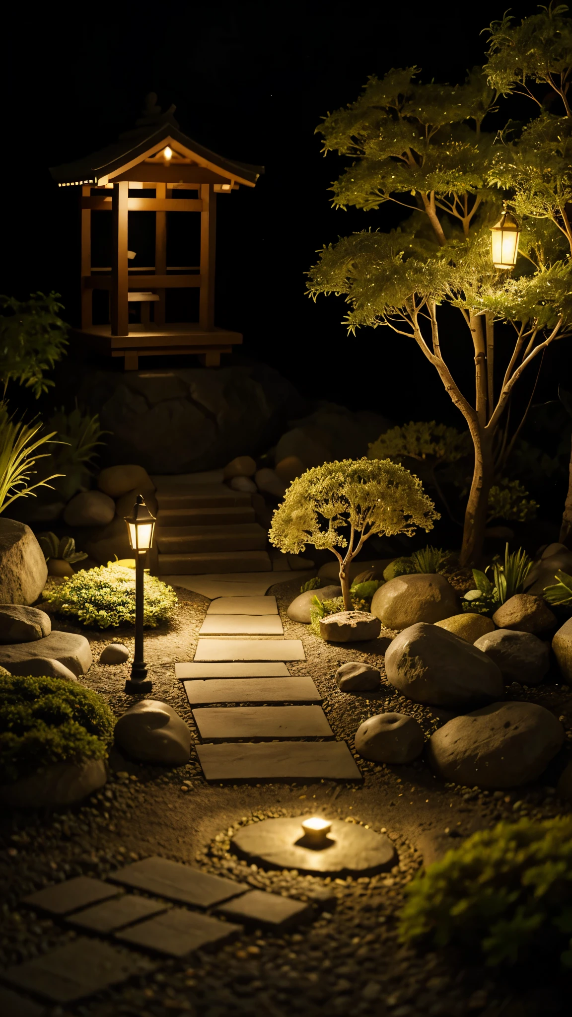 Miniature Magic Garden Scene., flores delicadas、ramas suaves y brillantes、Iluminado por miniaturas sonrientes y felices.. 8K Autorealist,Japanese garden、santuario、torii