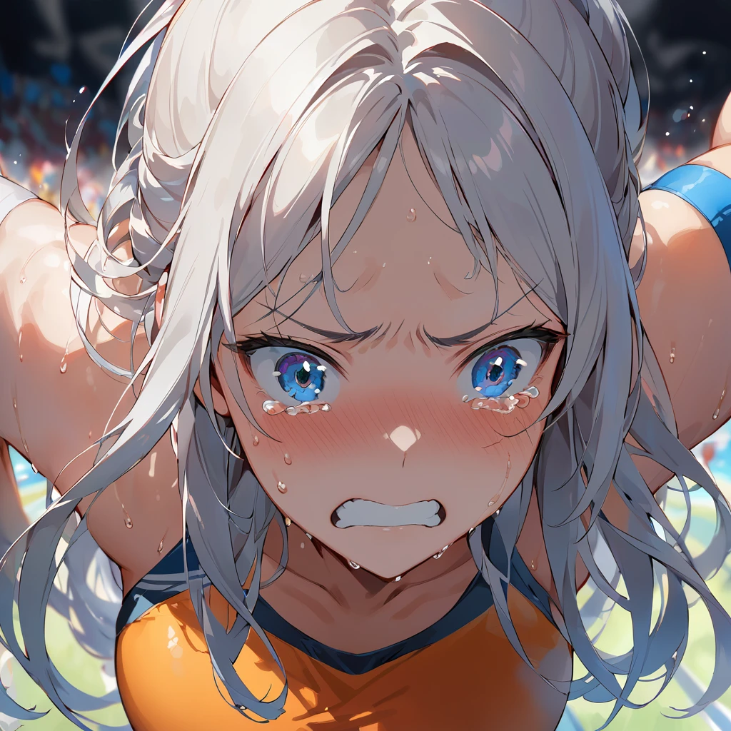 A powerful illustration of a female track and field athlete, capturing the raw emotion of disappointment and defeat. Her face is the focal point, with tears streaming down her cheeks, eyes filled with sadness. Sweat glistens on her forehead, and her strained expression conveys the intensity of the moment. Vibrant colors are used to emphasize the contrast between her flushed cheeks and the stark white of her running attire. The background is blurred, highlighting her isolation in this moment of defeat and conveying the loneliness of high-stakes competition.