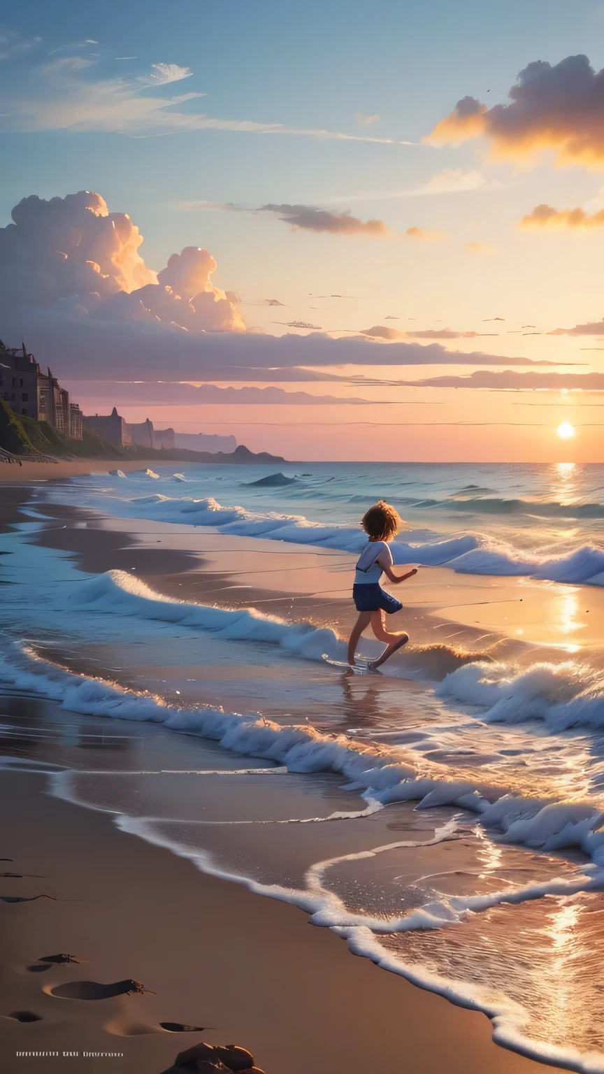 Beach，Sunlight，A little girl，Look at the shell in your hand，