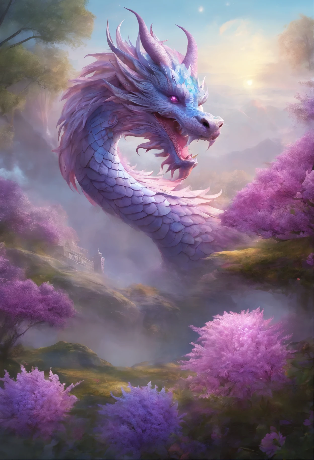 "Very nice 3d rendering of a lilac Chinese dragon，The dragon&#39;s face is kind、The background is a light blue flower garden、The dragon is holding a crystal ball with its paws、Dynamic performance, Vibrant effects and details，best image quality，High resolution，