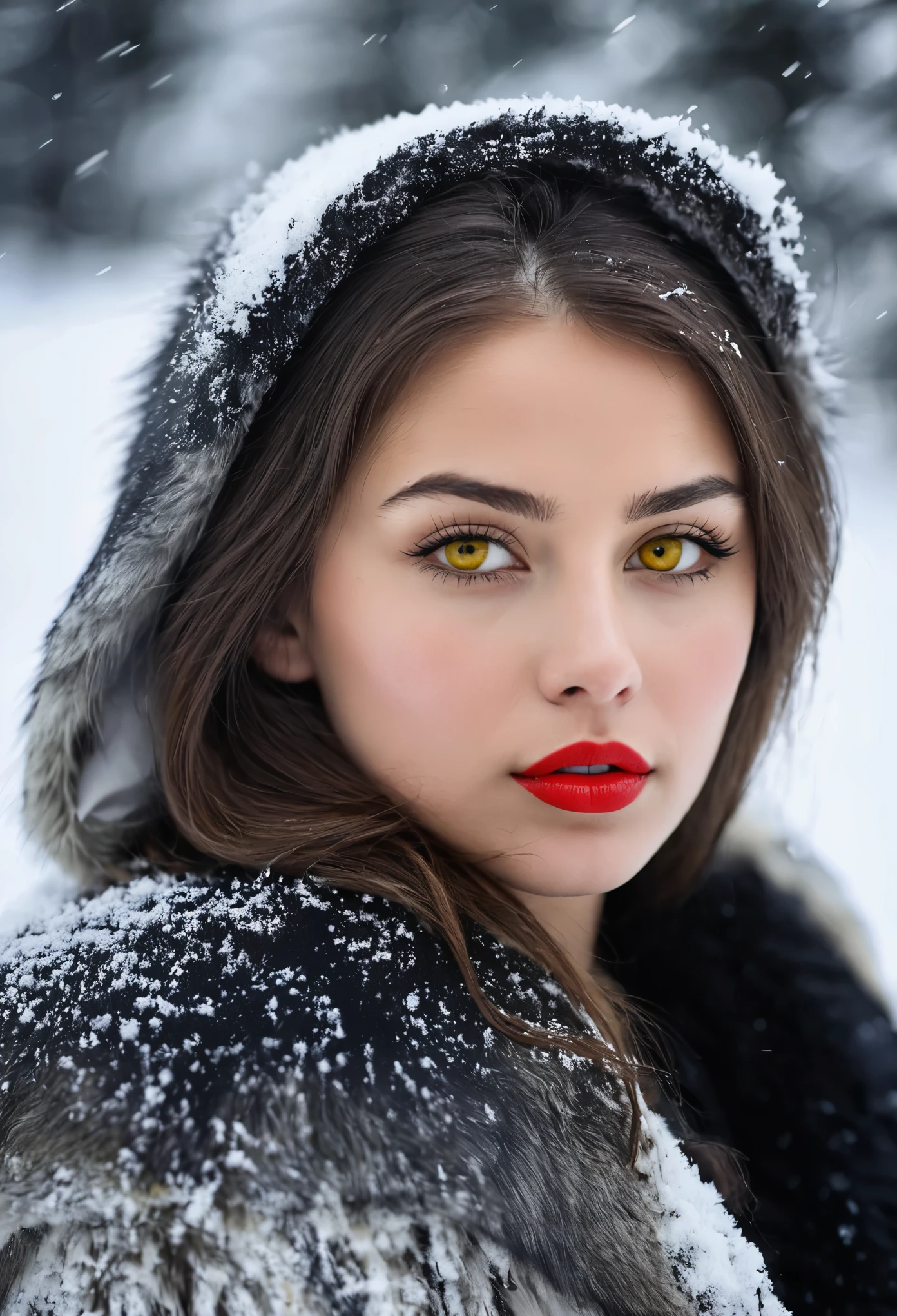 a beautiful Russian girl, wolf eyes, yellow eyes, seductive eyes, expressive eyes, black and white image, background snow mountains, trees, red lips, picture taken from her back,