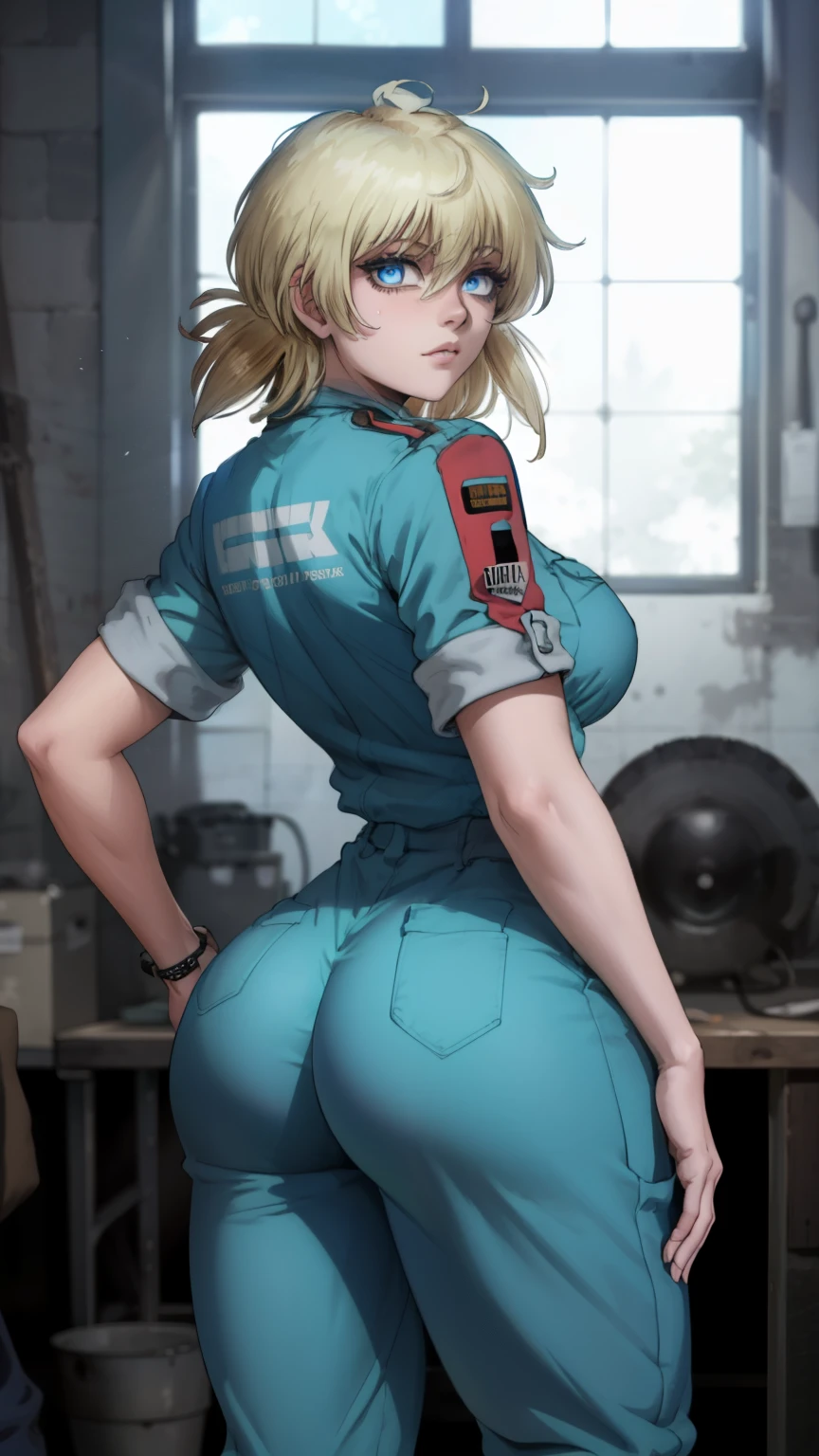 masterpiece, highest quality, best quality, official art, beautiful and aesthetic: 1.2), (1girl), extremely detailed, (fractal art: 1.3), colorful, highest detailed, perfect face, upper body, HDR, (prayer: 1.3), (dynamic stripes, luminous traces: 1.2), bright colors, seras, garage,  mechanic, standing, ass focus, breasts, large ass, bare ass, naked, nude, ass window, sexy, wide hips, thicc figure, Detailed blue eyes, Detailed face, Detailed eyes, perfect face, perfect eyes, wearing blue jumpsuit, jumpsuit, blue jumpsuit, looking back, looking at viewer 