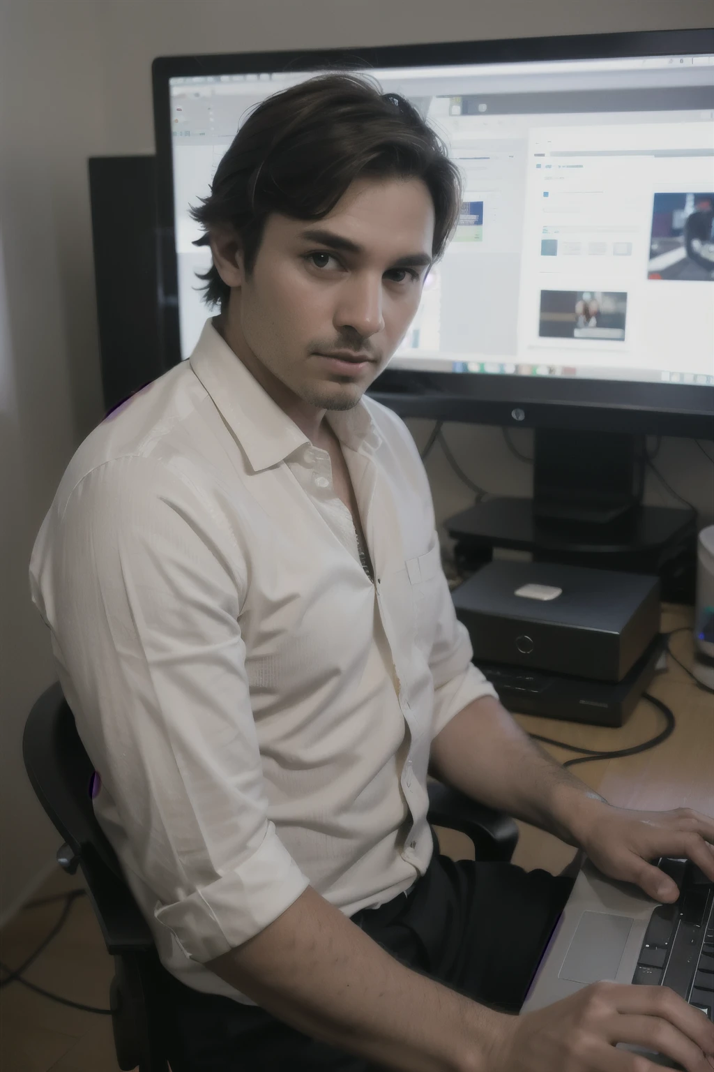 um homem de terno usando seu computador no trabalho, com outras pessoas ao fundo  
