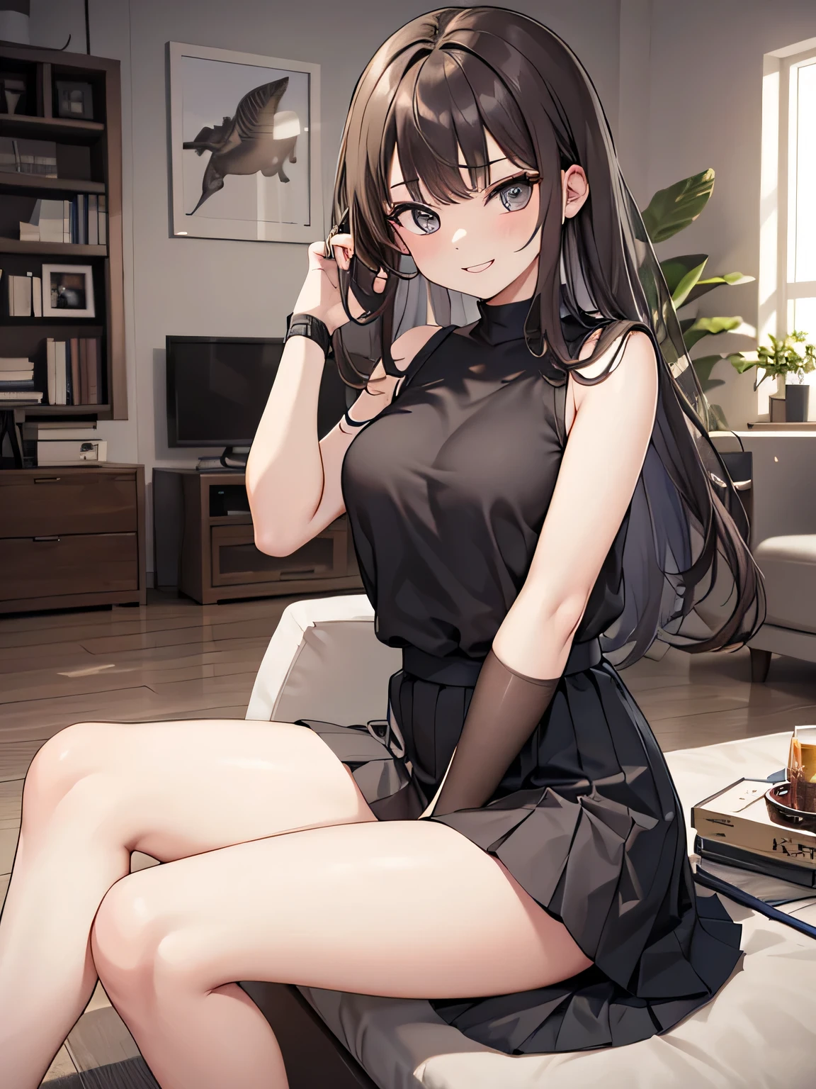 (1) A woman is rolling up her skirt,
(2) Woman has beautiful legs,
(3) The woman is wearing a gray sleeveless turtle knit and a black pleated miniskirt,
(4) The slightly exposed pants are light blue and have a flashy pattern.,
(5) The woman has medium-long brown hair., shining eyes, and provocative, grinning expression,
(6) The location is the living room of the apartment.,
(vii) skin is of the highest quality, High resolution, realistic pictures, and looks real,