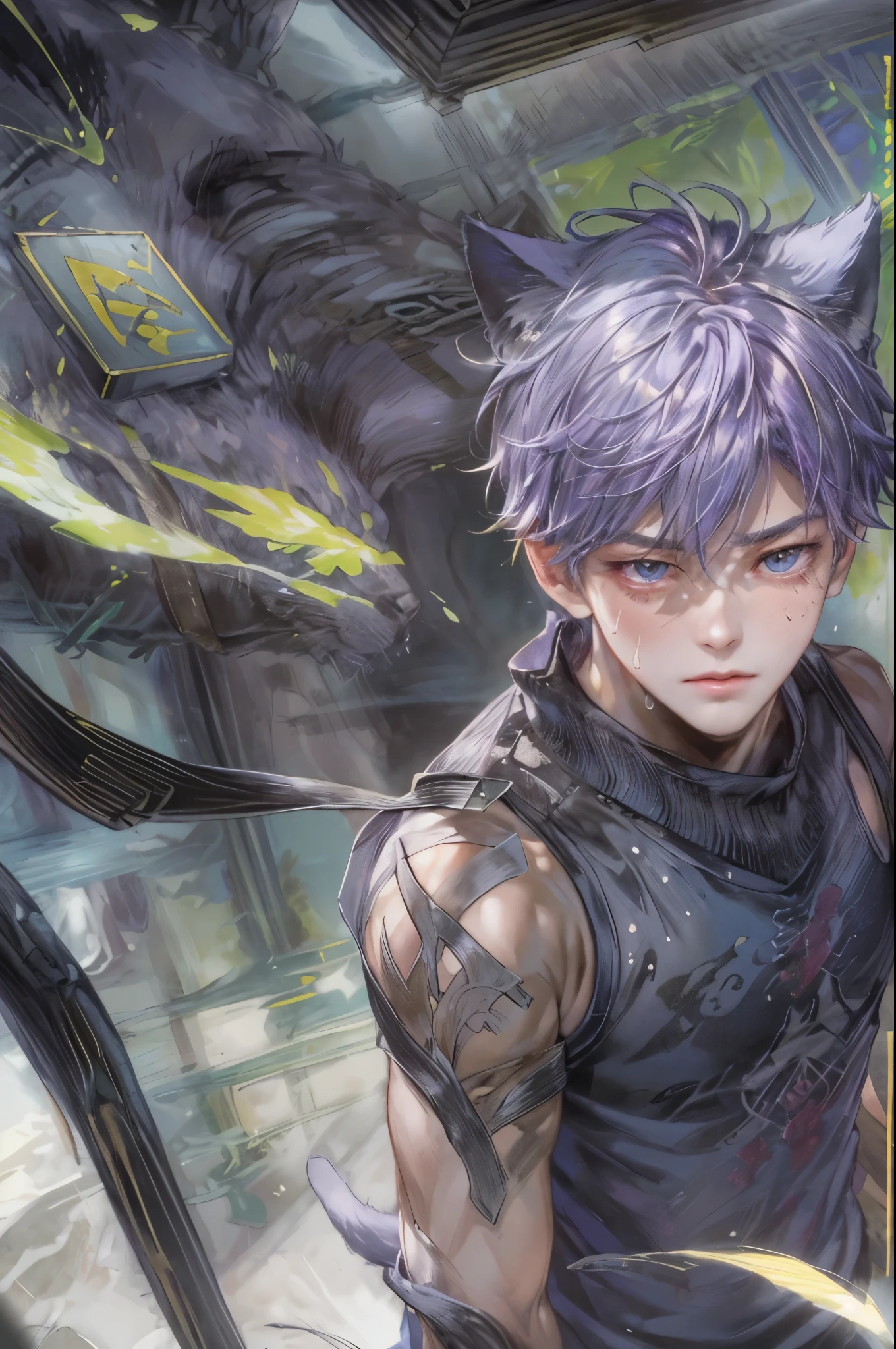 masterpiece, best quality, ultra-detailed, illustration, 1boy, solo, male focus, looking at viewer, upper body, depth of field, tank top, cat ear, ripped abs, sweating, razor (genshin impact), purple hair
