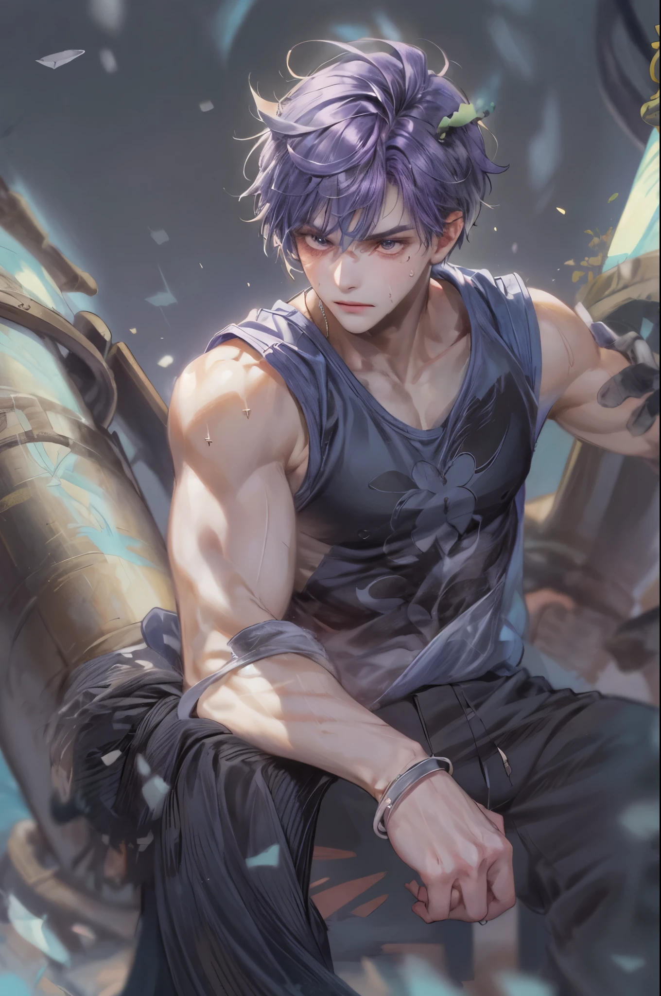 masterpiece, best quality, ultra-detailed, illustration, 1boy, solo, male focus, looking at viewer, upper body, depth of field, tank top, cat ear, ripped abs, sweating, razor (genshin impact), purple hair