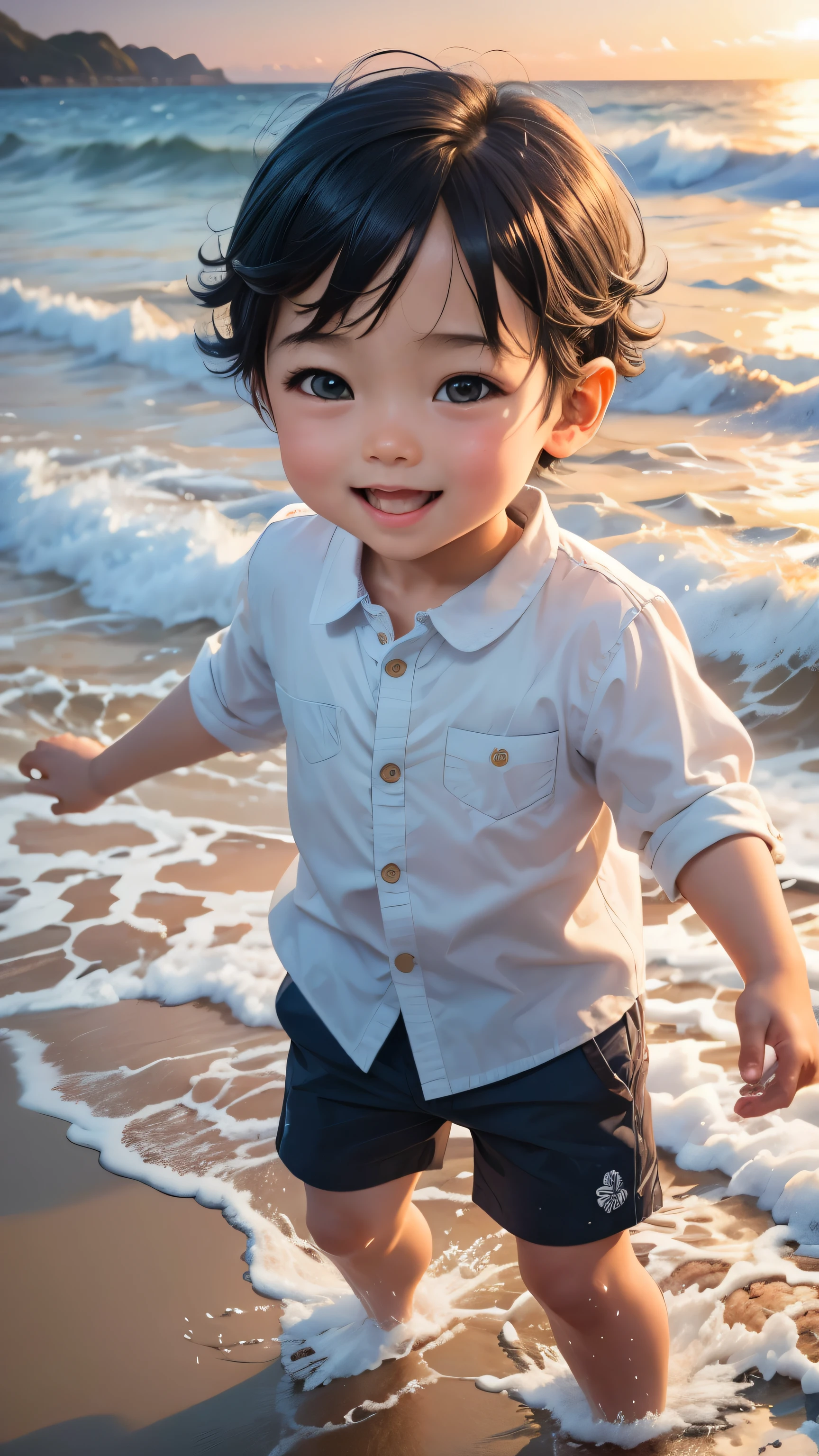  3 year old  getting his feet wet in the waves.、was happy、best smile、background of laughter:sandy beach in the evening
(full shot)

"(setting):(highest quality),(masterpiece),(be familiar with),(ultra be familiar with),(insanely be familiar with),(super high quality),(highly be familiar with),(Full HD)"
