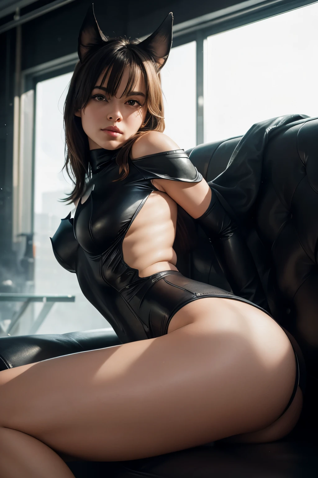 RAW, Masterpiece, Ultra Fine Photo,, Best Quality, Ultra High Resolution, Photorealistic, Sunlight, Full Body Portrait, Stunningly Beautiful,, Dynamic Poses, Delicate Face, Vibrant Eyes, (Side View) , she wears futuristic Batman costume, skinny leather pants, turtleneck top, off shoulders, Batman ears, sitting on a leather sofa, very detailed background, detailed face, detailed busy background, messy, gorgeous, Milky white, high detailed skin, realistic skin detail, visible pores, sharp focus, volumetric fog, 8k uhd, dslr, high quality, film grain, fair skin, photorealism, lomography, in a future dystopia sprawling metropolis, seen from below, translucent
