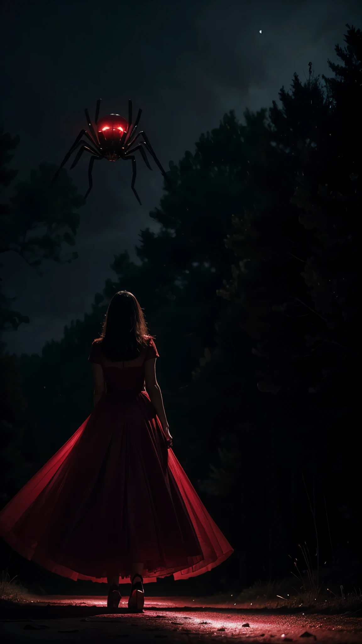 dibujo digital, Scene from a horror movie in which a beautiful woman dressed in red is chased in the dark by a giant spider., escalofriante, Espantoso, ambiente oscuro, brumoso, 8K, alta calidad, giant gray spider in the background, Intensidad, woman looking behind her, correr, luz de la luna