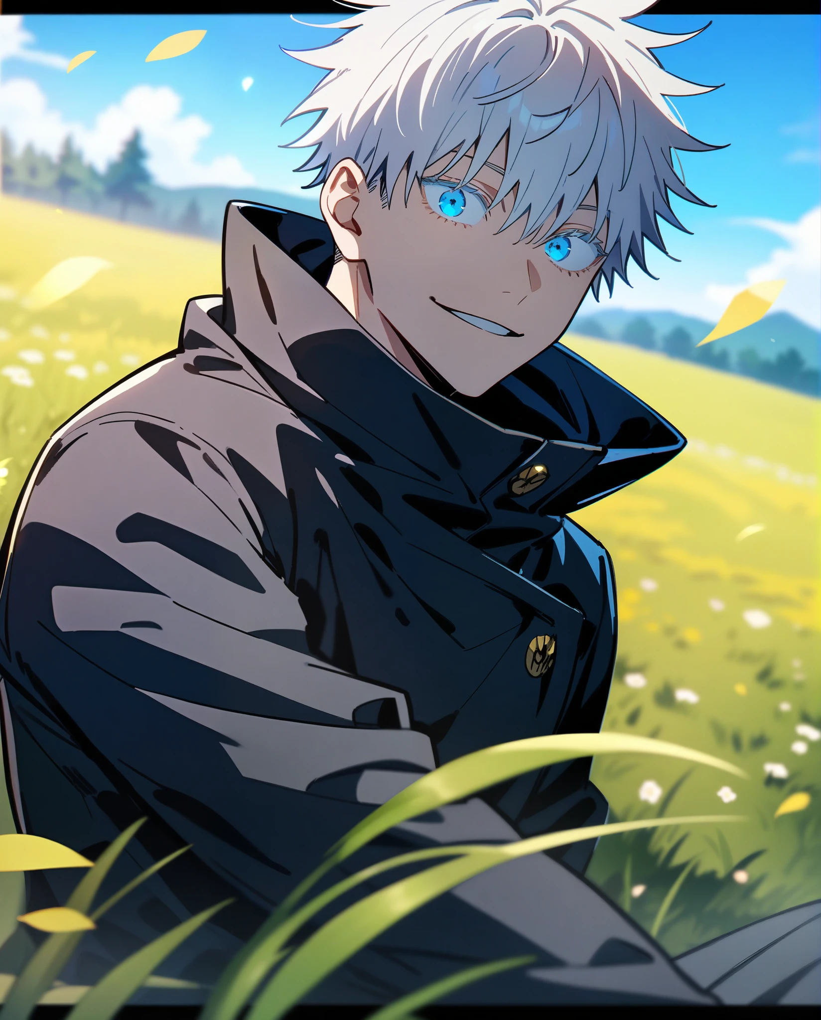 masterpiece, best quality, 1boy, gojou satoru, jujutsu kaisen, white hair, short hair, blue eyes, beautiful blue eyes, black jacket, black pants ,high collar, long sleeves, shoes, upper body, smile, looking at viewer, solo, blue sky, meadow background , beautiful blue lights in the background, 4k anime