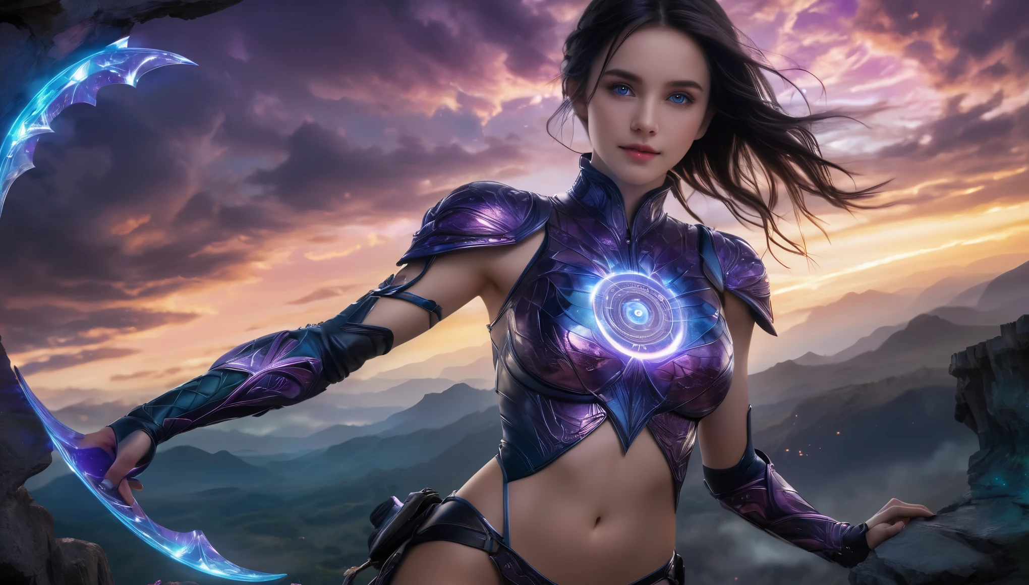 (1 beautiful teenage Italian girl),(wears iridescent bodysuit with beautiful fractal or marble design:1.5),(She wears gauntlets with a detailed and very beautiful design decorated with jewels:1.6), ((She is showing her armpits:1.6)), (erotic pose:1.6), (model pose:1.6), incredibly spectacular scene, ((high quality)), ((fantasy)), blue plasma brain, green plasma body, obscene, average, (despicable:1.2), (immoral:1.2), (Small breasts with beautifully raised pink areolas:1.5), (expression of ecstasy:1.2), hyper realistic photo, official art, Unity 8K Wallpaper, 8K portrait, high quality, very high resolution, (incredibly beautiful nature background:1.6), (18-year-old:1.5), (sexy and glamorous:1.1), (coquettish expression:1.6), (smile seductively:1.6), beautiful seductive face, portrait, (thick eyebrows:1.4), Beautiful eyes with high bilateral symmetry, (highly detailed eyes:1.4),(highly detailed face and eyes:1.7), (High resolution Amethyst eyes:1.6), (Super detailed skin texture:1.4), super detailed pale skin, perfect anatomy, thin, (Beautiful muscular toned body:1.6), highly detailed jet black hair, (moist skin:1.2), no makeup, (Bear:1.1), excellent anatomy, Focus plane, good looking, (Emilia clarke:0.1) (Emma watson:0.3),(Jennifer connelly:0.24), (A delicately crafted necklace is wrapped around her neck), (Bioluminescence with a brilliant glow:1.4), (Shining magic circle:1.5), ruins of an ancient castle, Shining majestic clouds and sky, lightning, spectacular realistic, (Greg latkowski:0.8), (teal and orange:0.4), (art station:1.5), cinematic, (NSFW:1.6), dramatic light, (intricate details:1.1),Milky Way, (nebula:1.6), dark Knight, Focus on fully armored body
