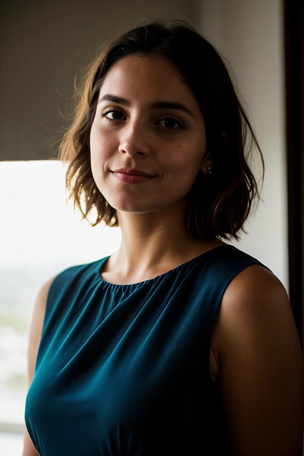 Foto CRU, foto de retrato de rosto de linda de 26 anos.oh woman, rosto fofo, usando vestido preto, cara feliz, sombras duras, cinematic shot, dramatic lighting