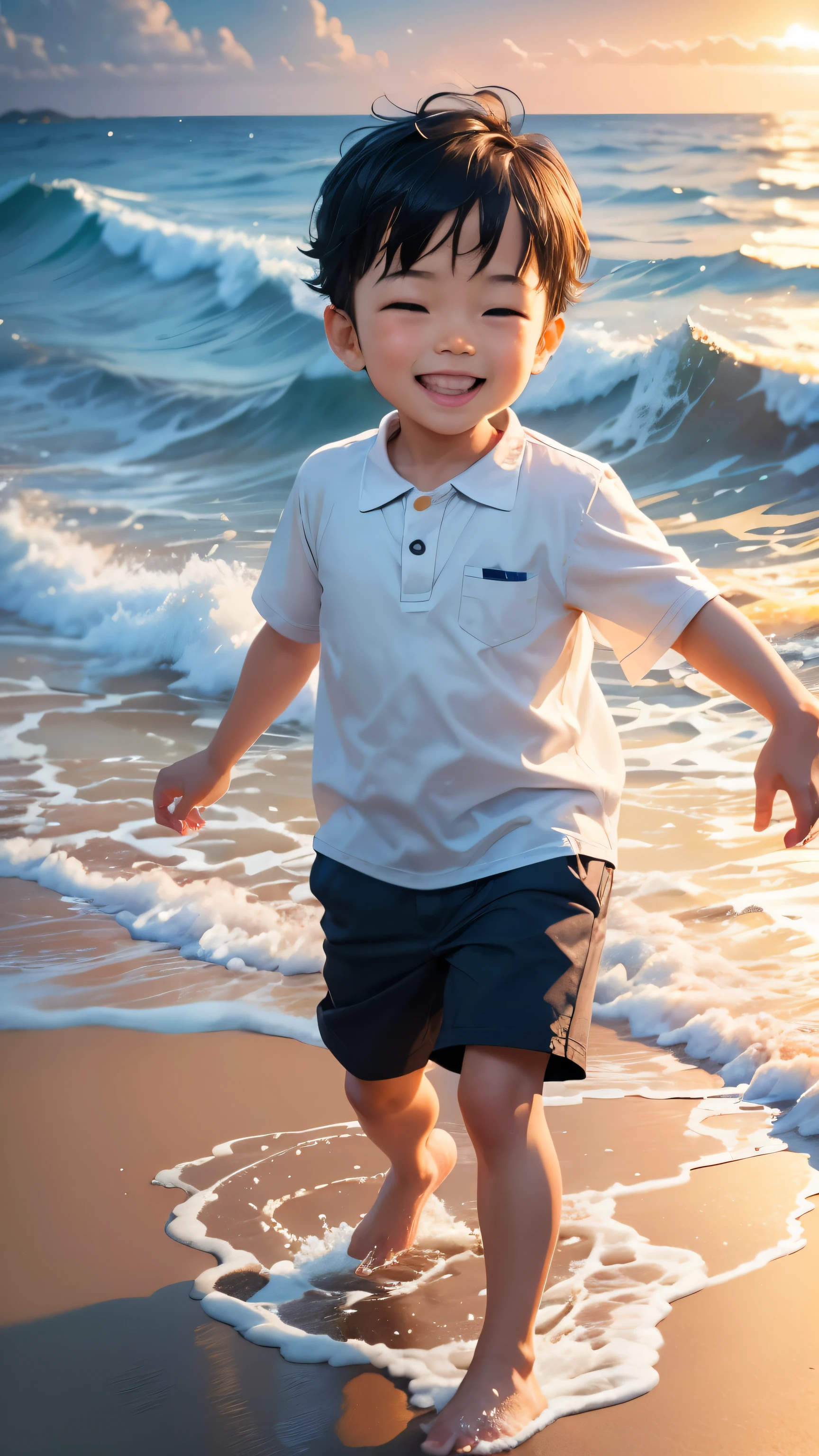 3 year old getting his feet wet in the waves.、was happy、best smile、background of laughter:sandy beach in the evening
(full shot)
"(setting):(highest quality),(masterpiece),(be familiar with),(ultra be familiar with),(insanely be familiar with),(super high quality),(highly be familiar with),(Full HD)"