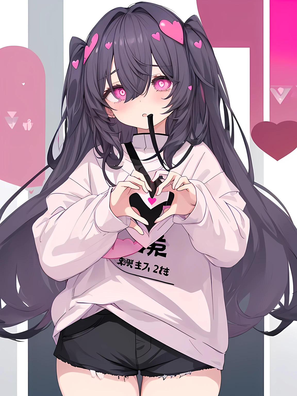 ((heart-shaped eyes))、hair above one eye、oversized clothes、shorts、thick cover