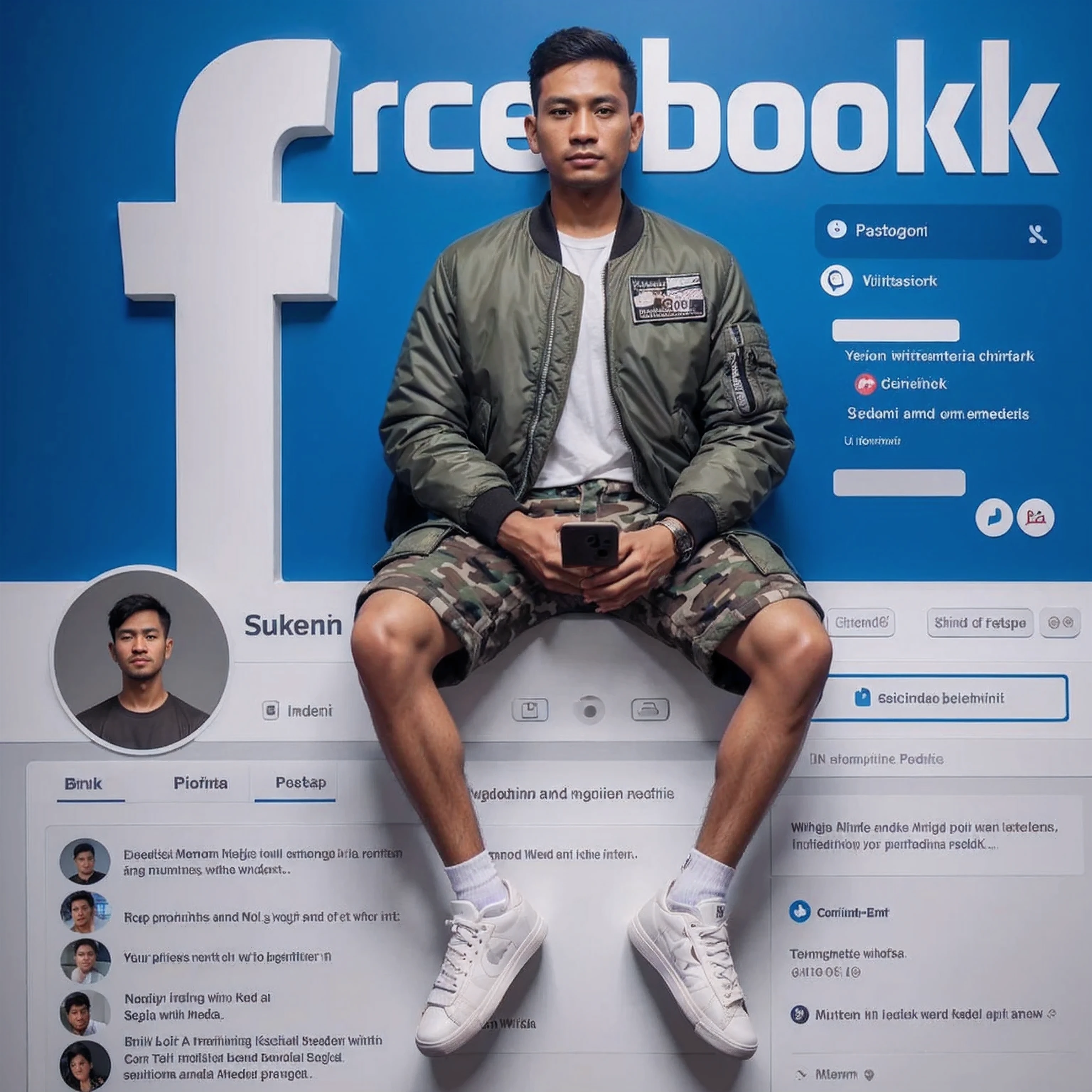 A man, 30 years old, Indonesian, clean-shaven, sitting on top of the whatsapp social media logo, wearing white sneakers, a bomber jacket, and short camouflage cargo pants, with various social media elements visible, including a profile picture, number of friends, and posts, realistic original photo, super detailed