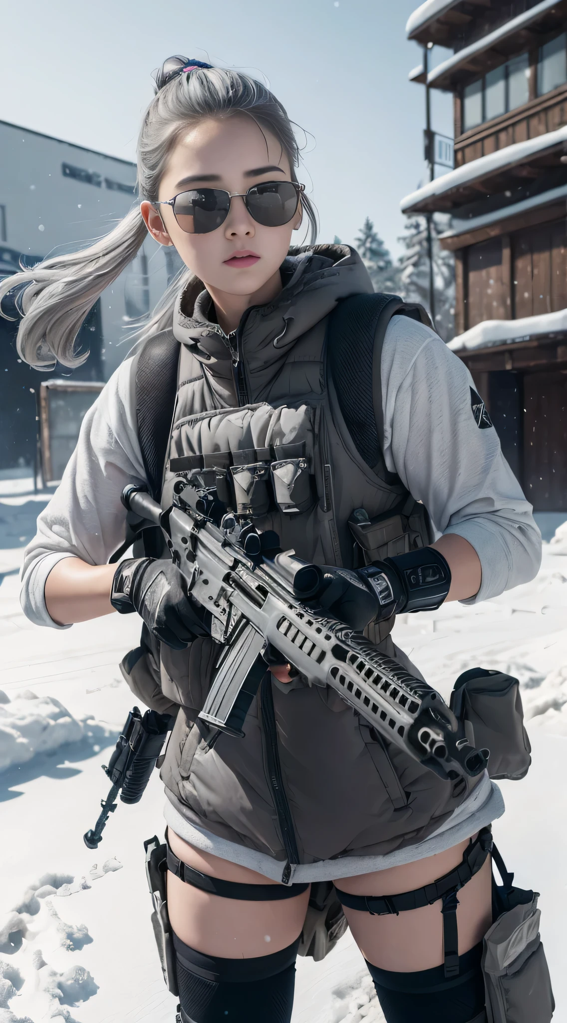 ((highest quality)), (masterpiece), realistic, photorealism, One girl aiming with an assault rifle, battle pose, realistic, High resolution,snow background, look at the camera, (detailed face), (gray hair high top decay:1.3), SWAT vest, gun, jewelry,black gloves, sunglasses on head, fingers are blocked