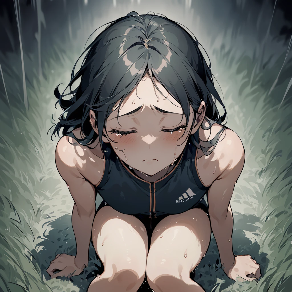 Generate an illustration featuring the face of a female track and field athlete, defeated and seated outside the field, crying. Focus on capturing the raw emotion of disappointment and despair on her face as tears stream down her cheeks. Show her flushed cheeks, furrowed brows, and closed eyes, conveying the intensity of her sorrow. Utilize subtle details like sweat on her forehead to emphasize the physical and emotional toll of competition. Surround her with the empty expanse of the field, symbolizing the isolation of her defeat. Use muted tones to convey the somber mood, with shadows adding depth to her anguish.