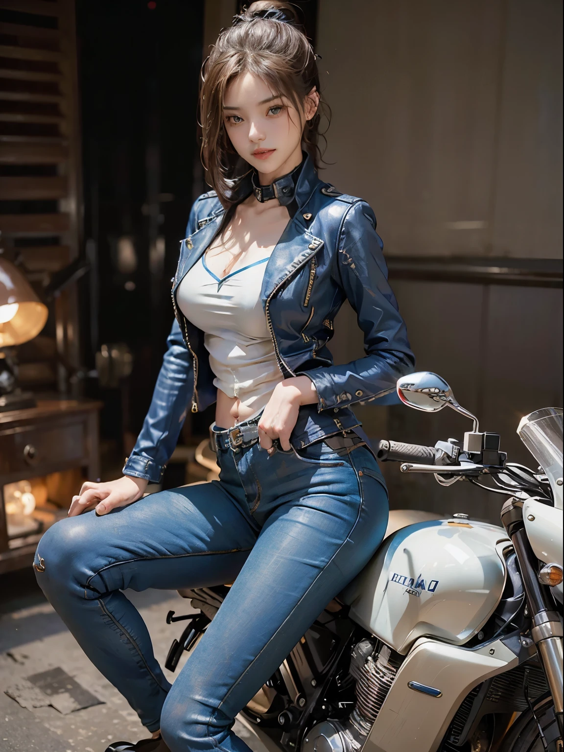 ((highest quality)), ((masterpiece)), ((perfect face))、(detailed motorcycle)、Realistic photos down to the last detail、((Woman straddling a motorcycle))、slender body、blue riding jacket and leather pants、smile、pose next to a bike、short hair