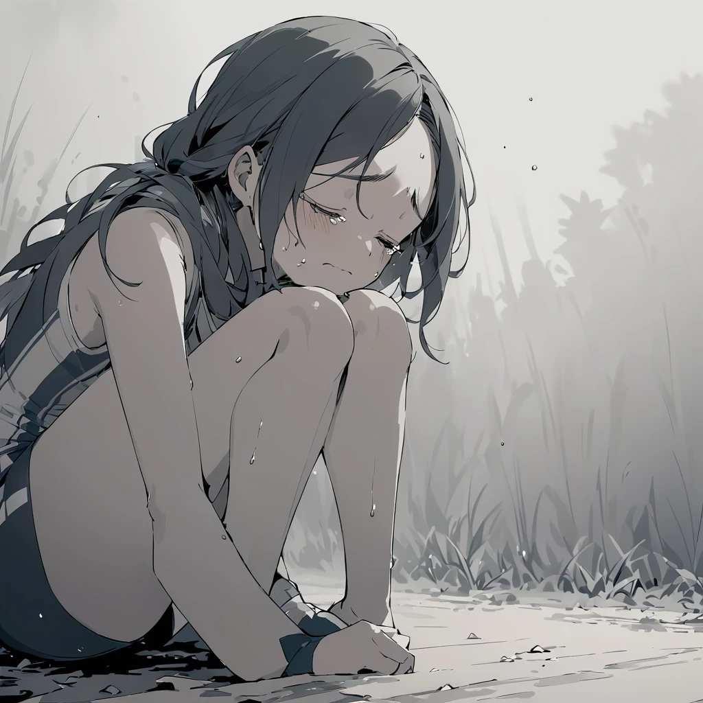 A poignant illustration of a female track and field athlete, sitting dejectedly on the ground outside the field. Her face is contorted with disappointment and despair, tears streaming down her flushed cheeks. Her furrowed brows and closed eyes convey the intensity of her sorrow. Sweat glistens on her forehead, emphasizing the physical and emotional toll of the competition. The empty field surrounds her, symbolizing the isolation of her defeat. The muted color palette and shadowy depths emphasize the somber mood of the scene.