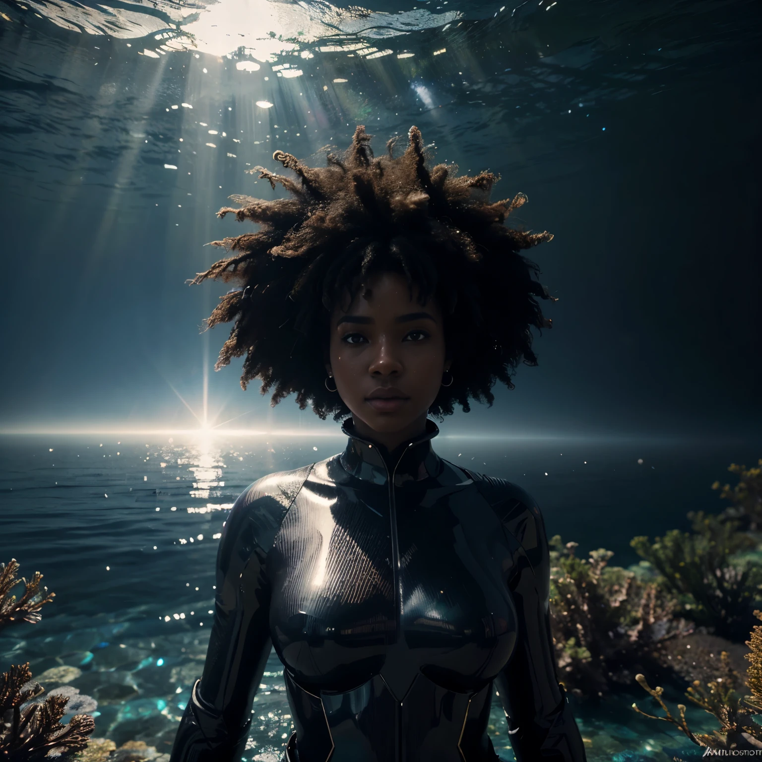 Wide angle shot of  a black woman dressed in afro futuristic attire kneeling under the ocean, low light prism piercing through the water shining on it, ultra HD, unreal engine rendered, cinematic lighting, artgerm style, 32k, photorealistic image 