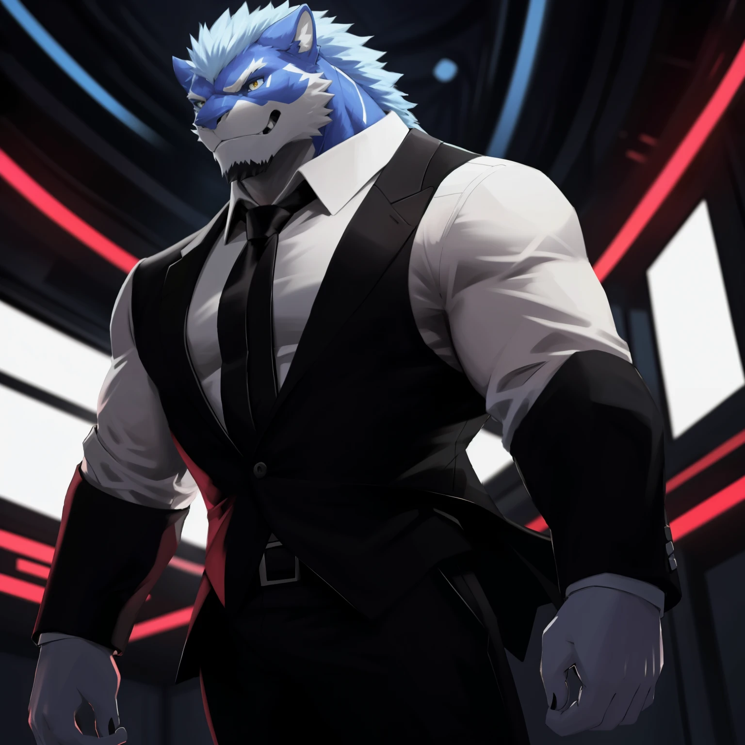 The man in a formal suit, with a serious expression, readies himself for a fight. His sharp, detailed features are accentuated by the bright light in the room. He wears a pristine, well-tailored suit, the fabric smooth and wrinkle-free. His muscles, though hidden beneath the layers of cloth, are tense and ready to move. The depth of field in this high-quality masterpiece captures the man's intense focus on the viewer, his eyes narrowed and full of determination. The motion blur effect adds a sense of action and energy to the scene, making it a truly dramatic and realistic representation of the man's readiness to fight.