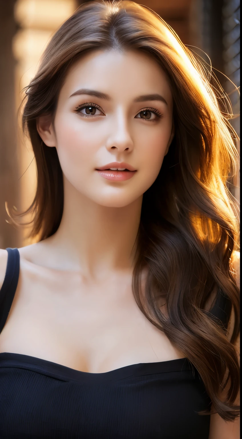 （best quality，High resolution，master piece：1.3），tall and beautiful woman，frontage，Long dark brown hair with loose waves, (Nude)，dark alley，Beautifully rendered facial and skin texture details，charming eyes，charming eyes，double eyelid