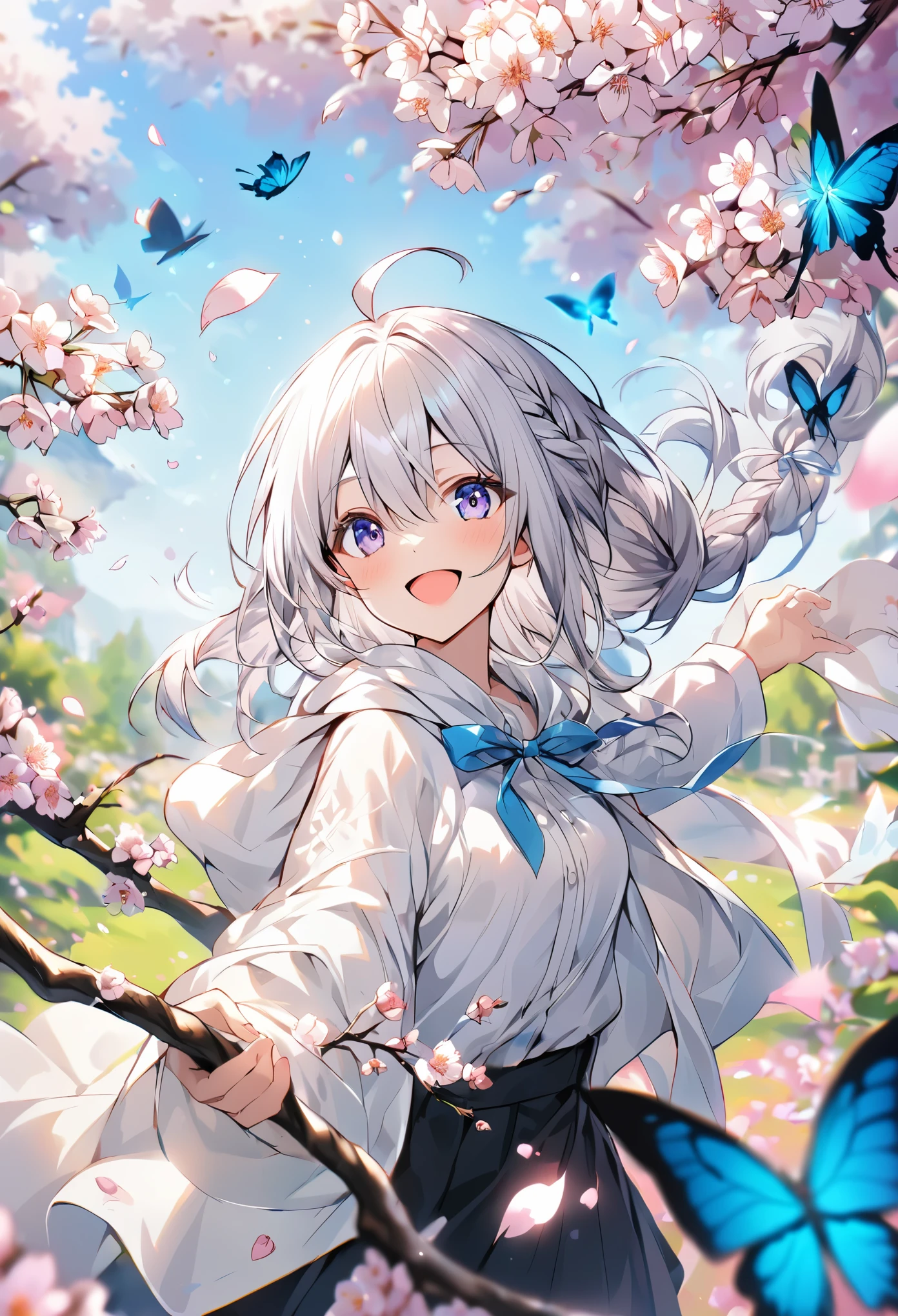 blurry, blurry_foreground, depth_of_field, petals, butterfly, bug, cherry_blossoms, blurry_background, blue_butterfly, motion_blur, flower, elaina_(majo_no_tabitabi), 1girl, open_mouth, long_hair, pink_flower, braid, falling_petals, white_shirt, smile, skirt, shirt, white_flower, tree, outdoors, ahoge, looking_at_viewer, hair_between_eyes, spring_(season), day, solo, holding, branch, bangs, blue_sky, eyebrows_visible_through_hair, :d, silver_hair, hood, cape