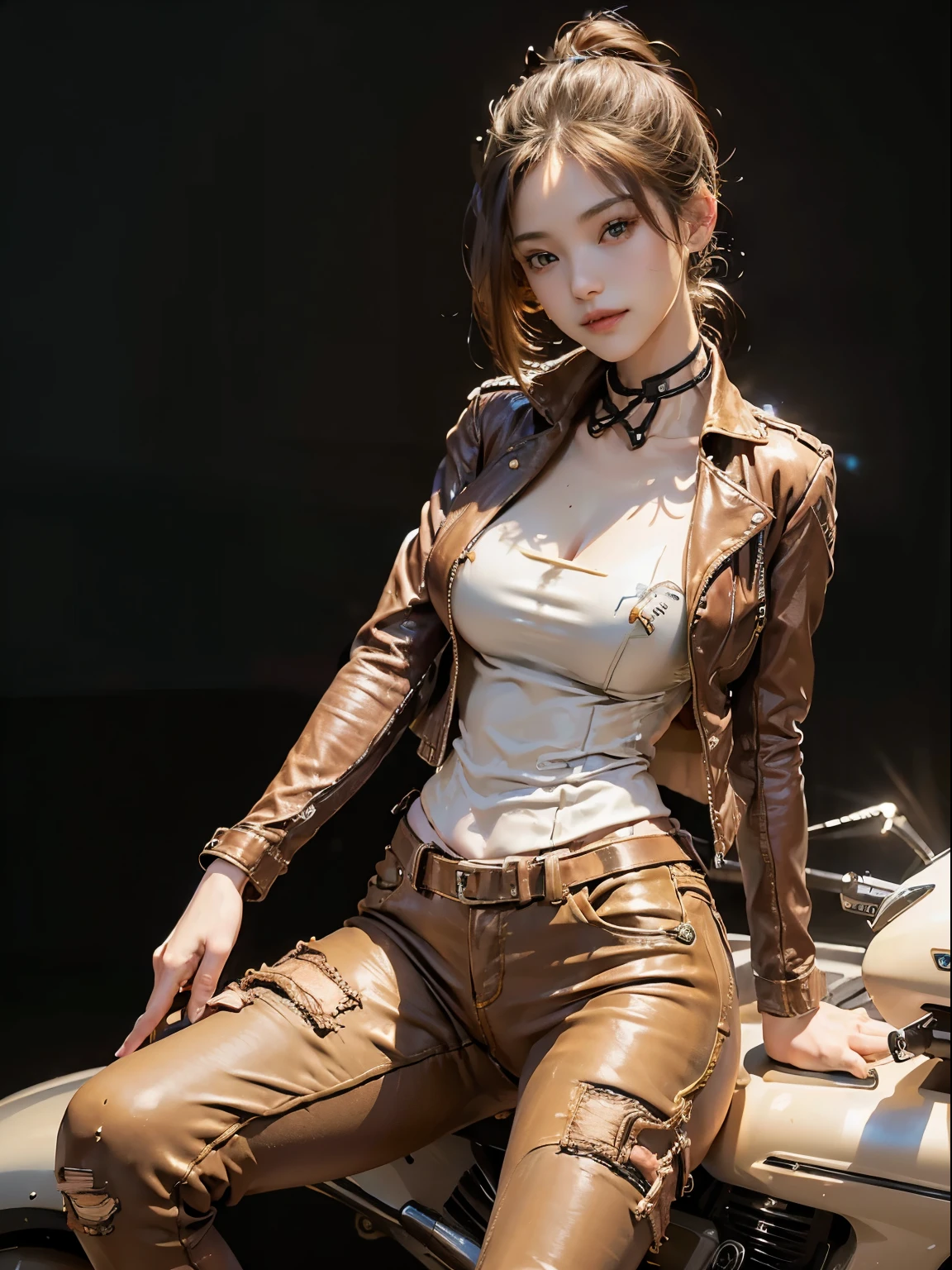 ((highest quality)), ((masterpiece)), ((perfect face))、(detailed motorcycle)、Realistic photos down to the last detail、((Woman straddling a motorcycle))、slender body、Light brown riding jacket and leather pants、smile、pose next to a bike、short hair
