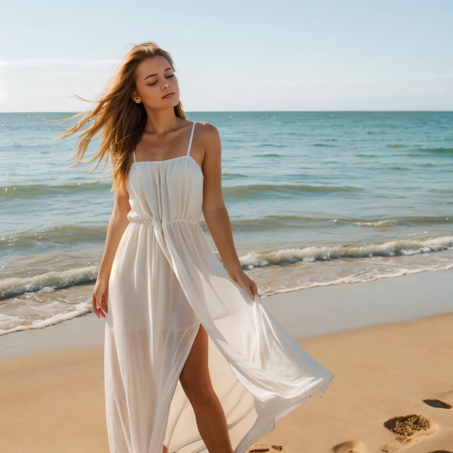(best quality,Realistic,high resolution),(Portrait,La photographie),(Femme:1.1),(light brown hair:1.1),(bord de mer),(natural lighting),(longue robe),(jour),(Mer calme),(sable),(ciel clair),(serene atmosphere),(douce brise),(Couleurs vives),(sabley beach),(relaxation),(tranquility),(elegant pose),(detailed facial features)
