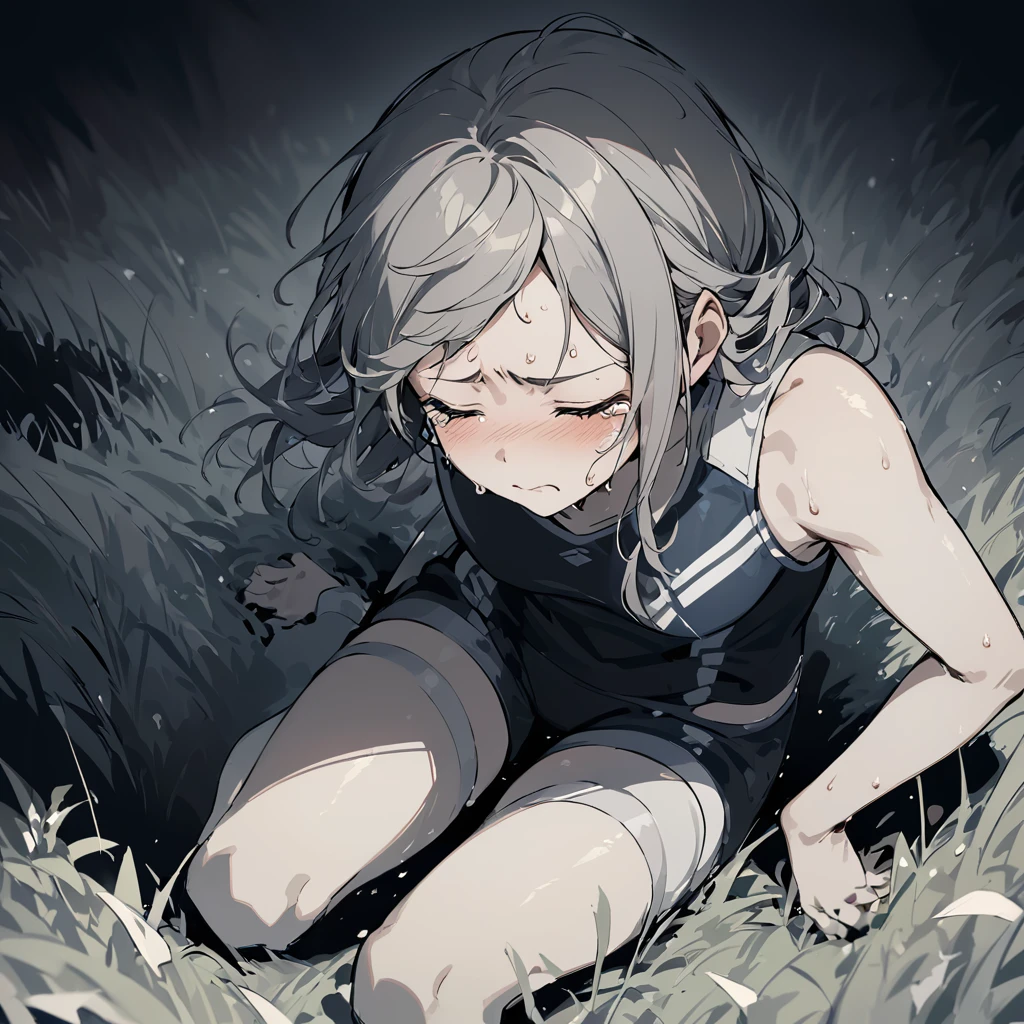 Generate an illustration featuring the face of a female track and field athlete, defeated and seated outside the field, crying. Focus on capturing the raw emotion of disappointment and despair on her face as tears stream down her cheeks. Show her flushed cheeks, furrowed brows, and closed eyes, conveying the intensity of her sorrow. Utilize subtle details like sweat on her forehead to emphasize the physical and emotional toll of competition. Surround her with the empty expanse of the field, symbolizing the isolation of her defeat. Use muted tones to convey the somber mood, with shadows adding depth to her anguish.
